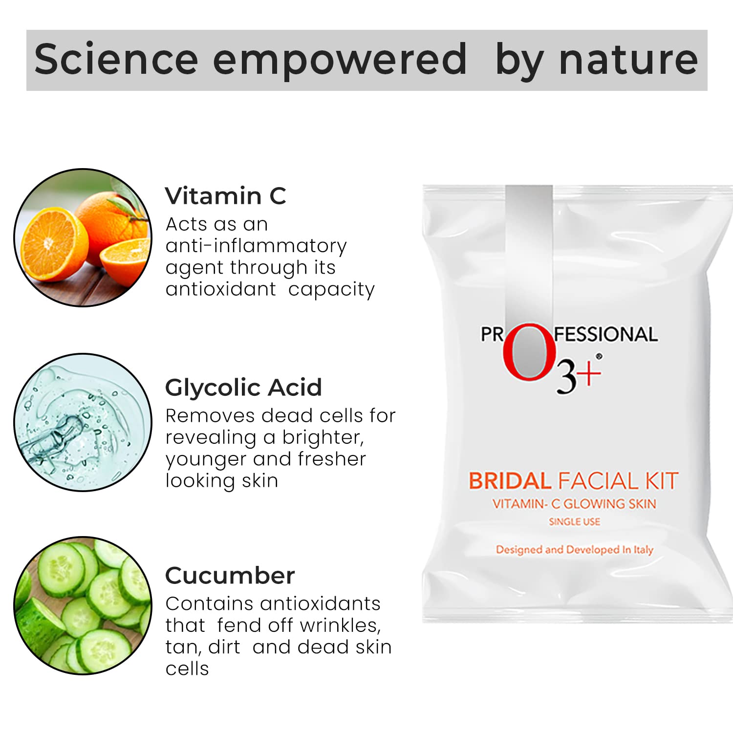 O3+ Bridal Facial Kit Vitamin C for Glowing Skin and Radiant Complexion Suitable for All Skin Types (44g+103ml, Single Use)