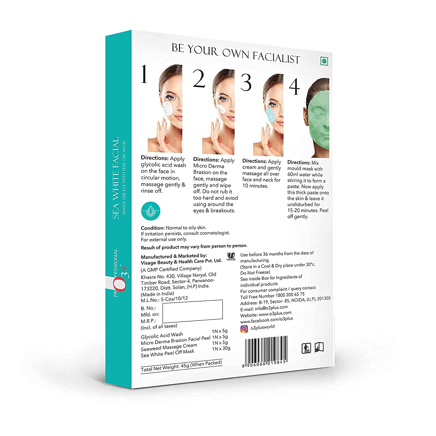 O3+ Sea White Brightening Facial Kit With Peel Off Mask Suitable For Normal To Oily Types (45g, Single Use Facial Kit)