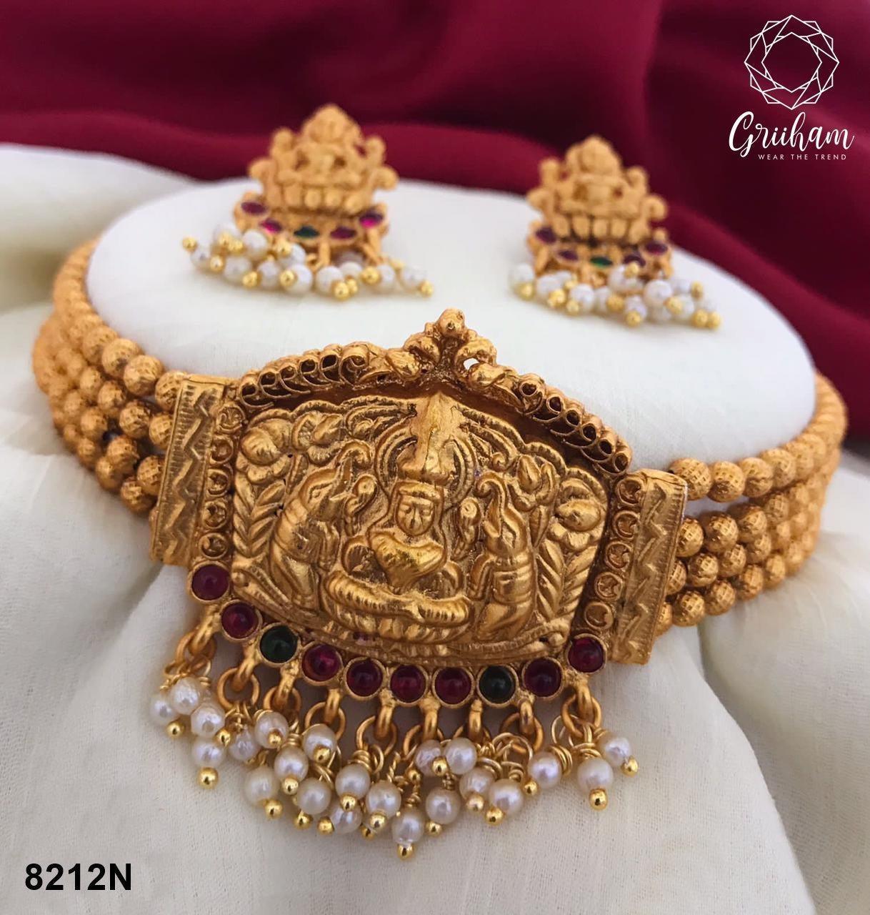 Antique Finish Best seller Laxmi choker necklace Set 8210N-Necklace Set-Griiham-Golden Beads-Griiham