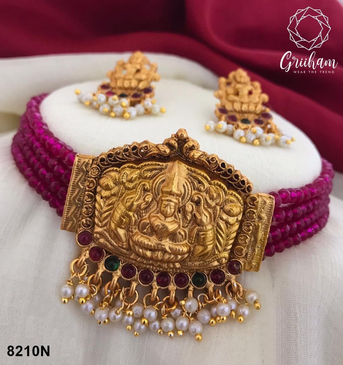 Antique Finish Best seller Laxmi choker necklace Set 8210N-Necklace Set-Griiham-Maroon Beads-Griiham