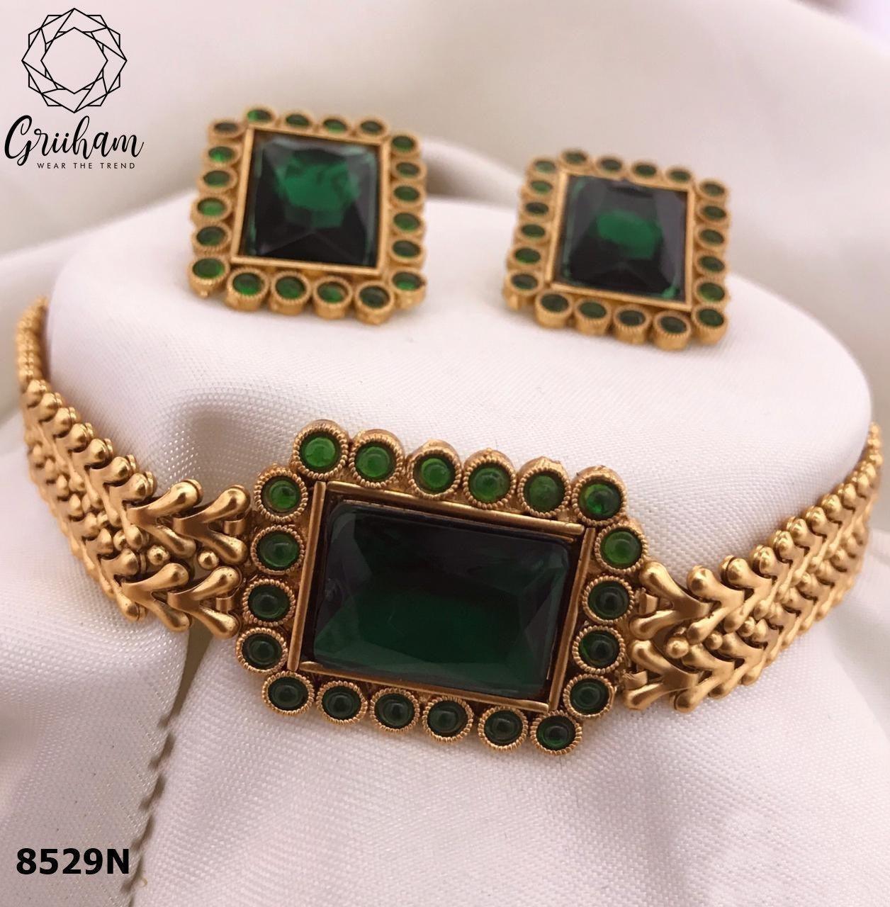 Antique Finish Best seller Short Choker Set 8530N-Necklace Set-Griiham-Green-Griiham