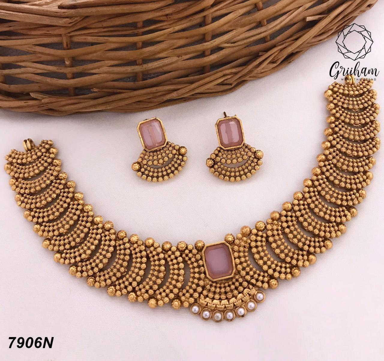 Antique Finish Best seller Short Necklace Set 7691N-Necklace Set-Griiham-Pastel Pink-Griiham