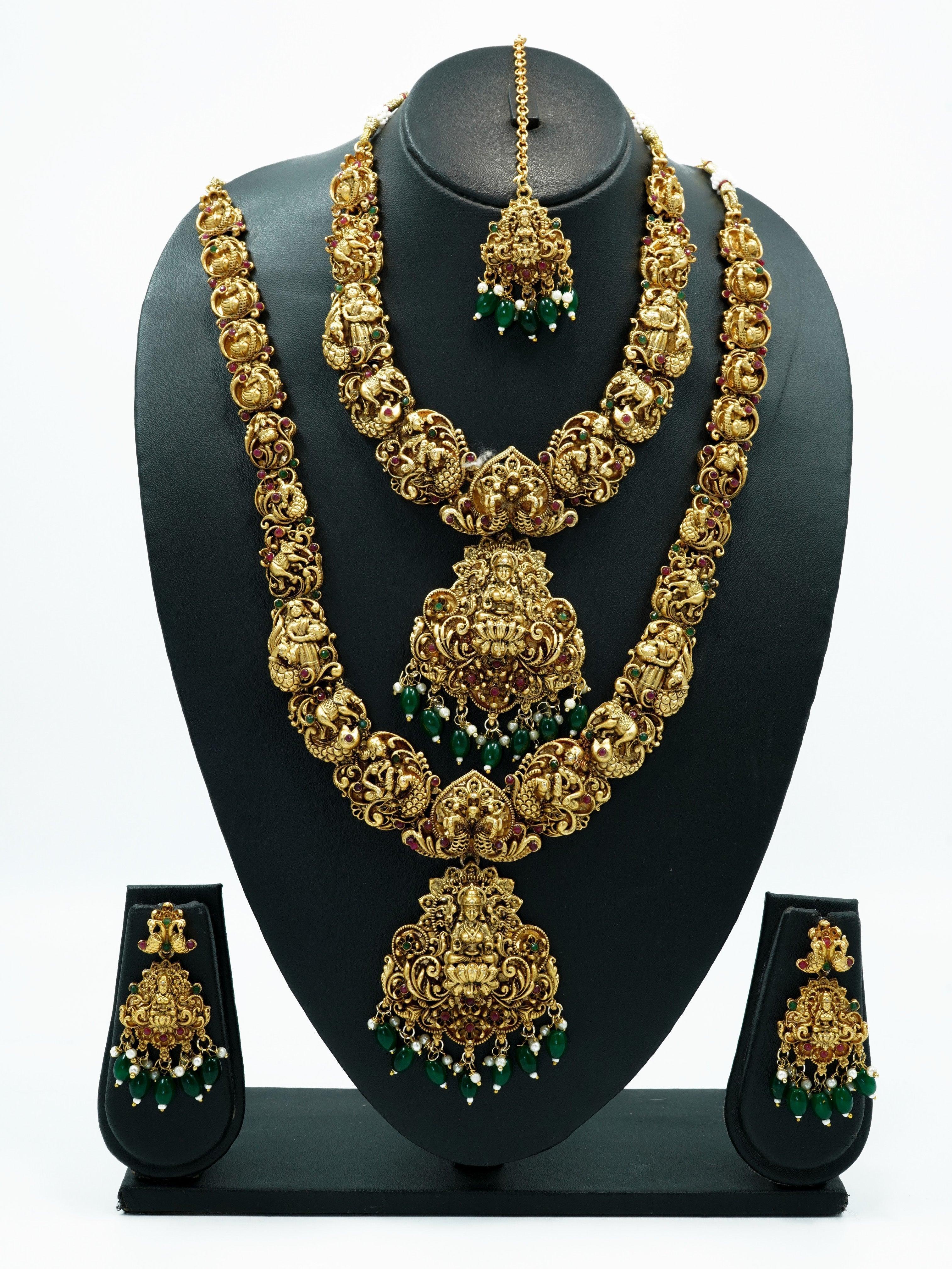 Antique Gold Finish Necklace Combo Set with green beads Multicolor stones 11030N - Griiham