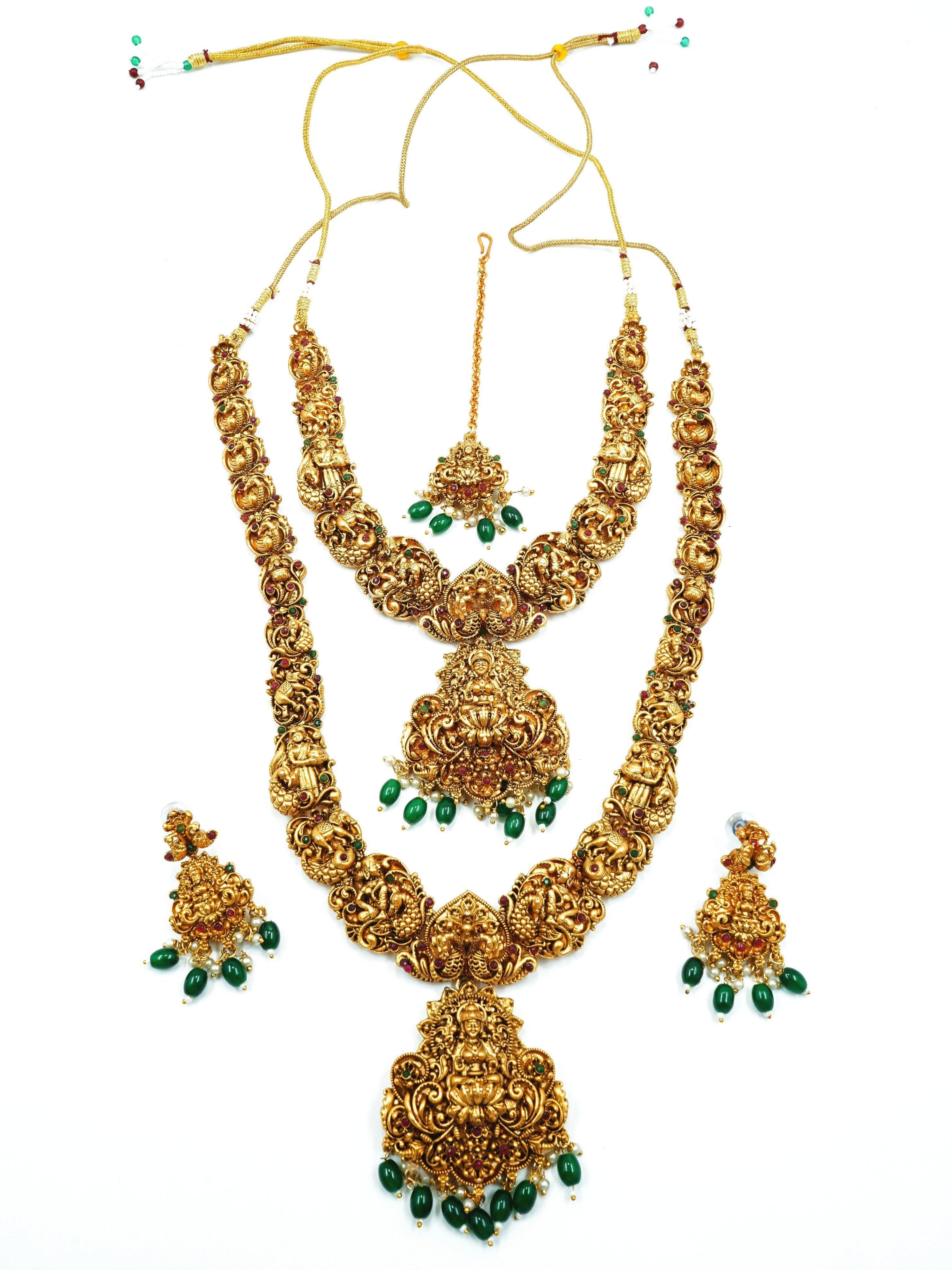 Antique Gold Finish Necklace Combo Set with green beads Multicolor stones 11030N - Griiham