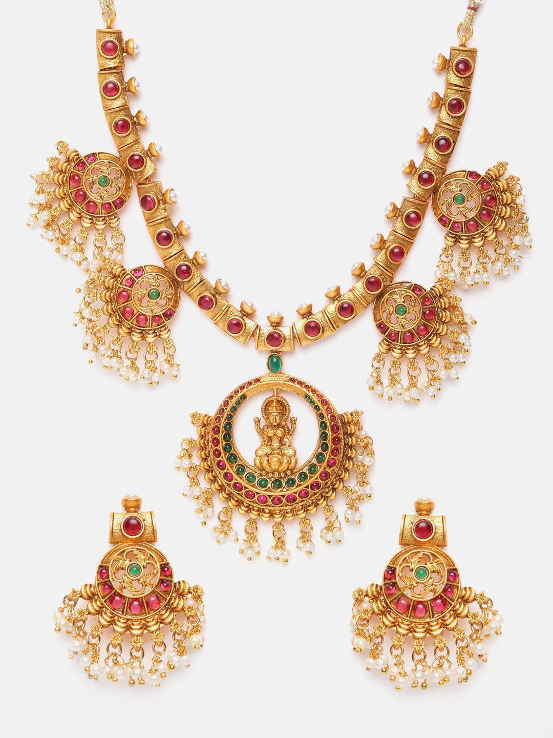 Antique Gold Finish Stone Studded Short Laxmi Necklace set - Griiham