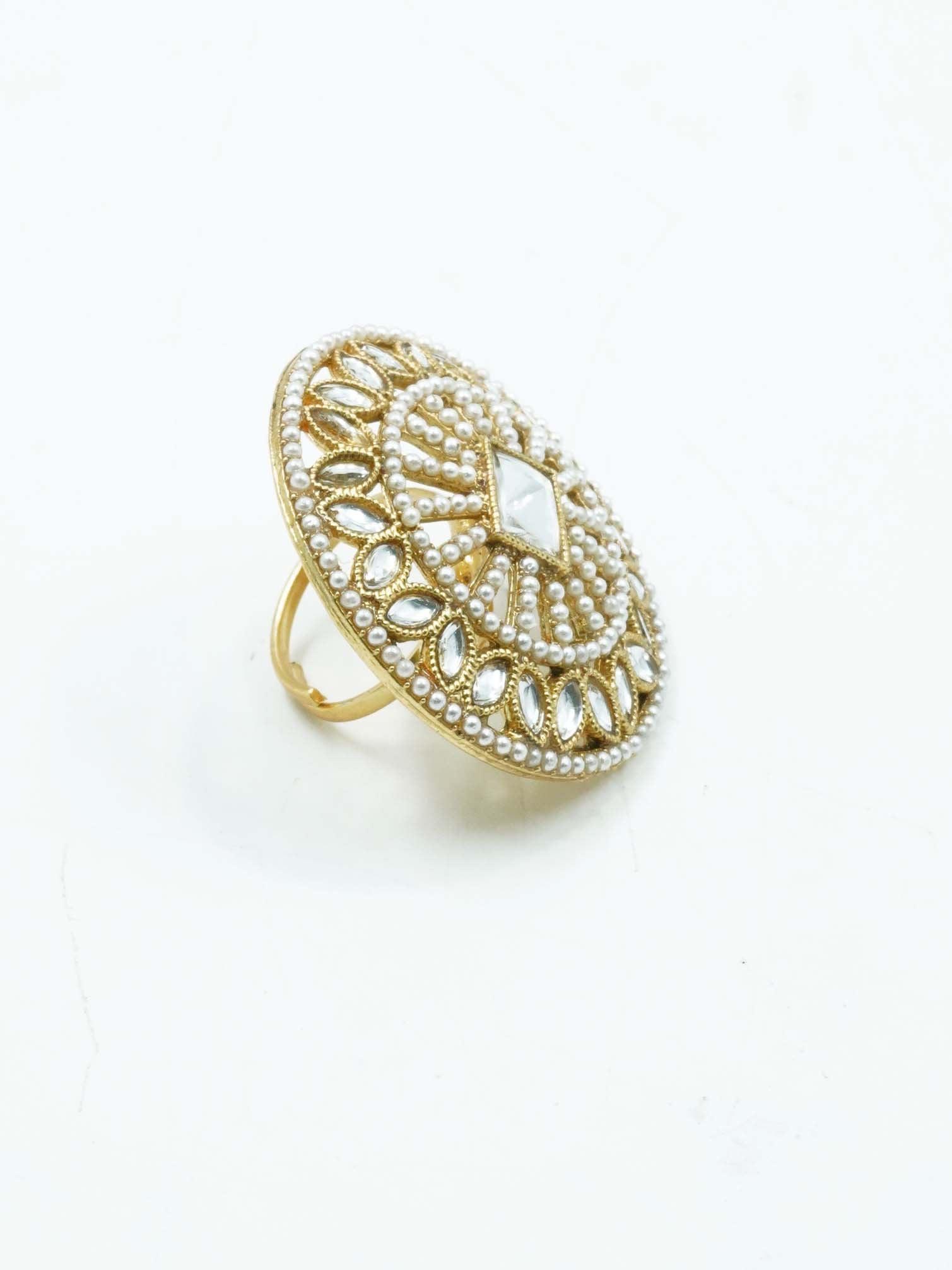 Antique Gold Plated Adjustable Size Designer Finger ring with Stones 10920N - Griiham