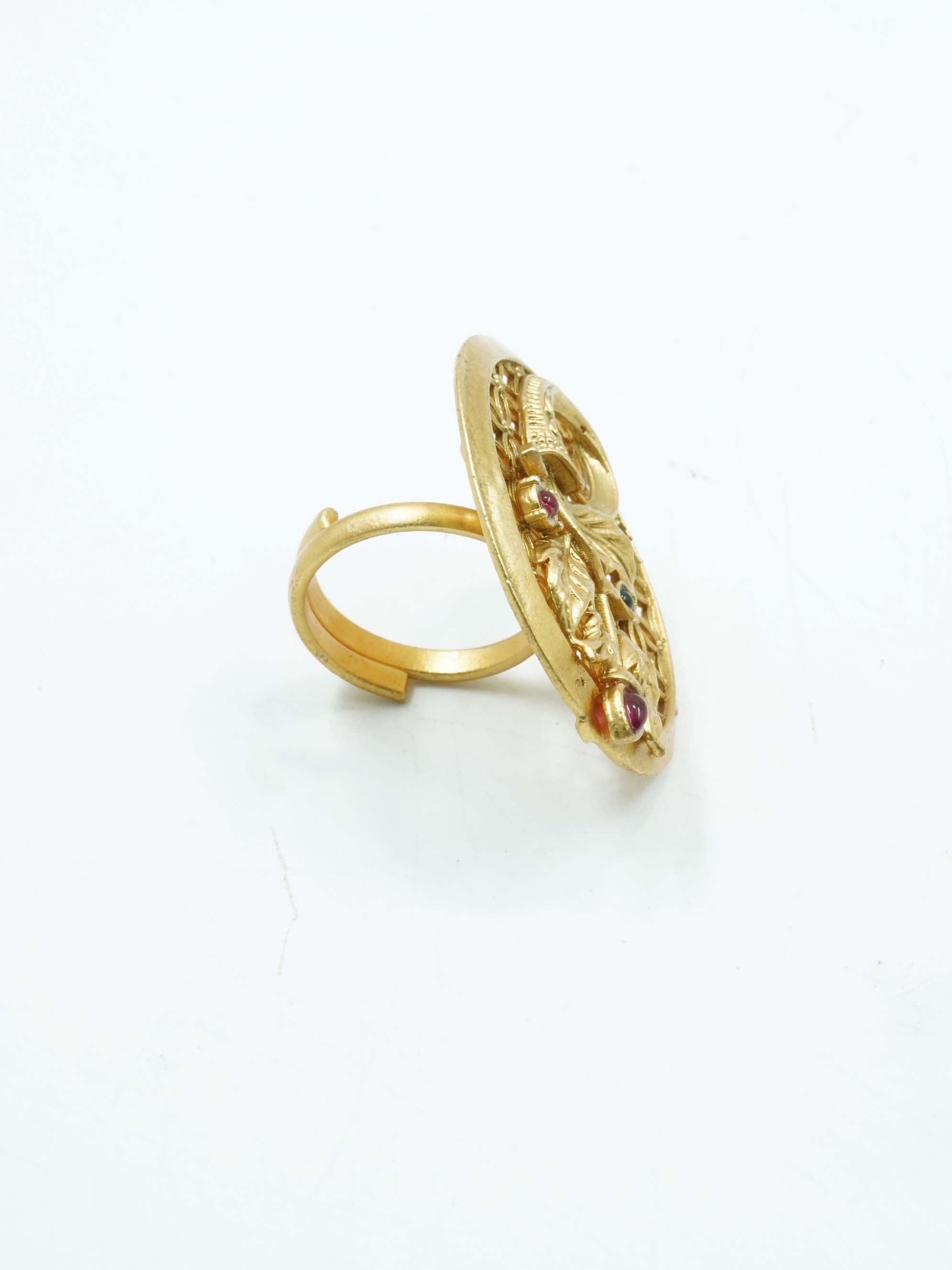 Antique Gold Plated Adjustable Size Designer Finger ring with Stones 11041N - Griiham