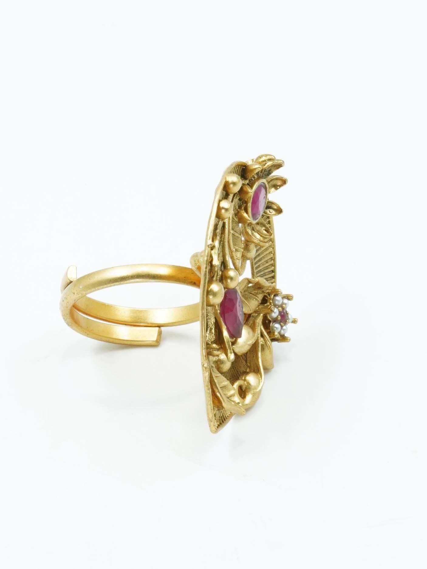 Antique Gold Plated Adjustable Size Designer Finger ring with Stones 11058N - Griiham