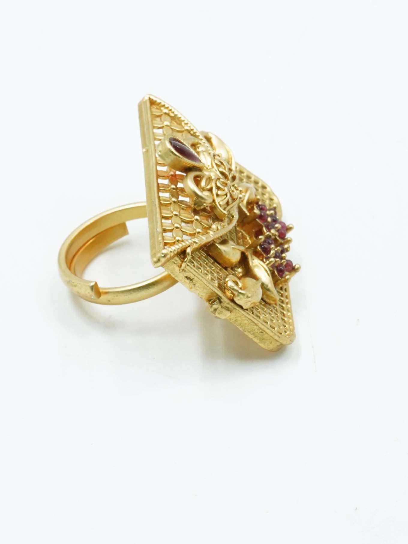 Antique Gold Plated Adjustable Size Designer Finger ring with Stones 11060N - Griiham