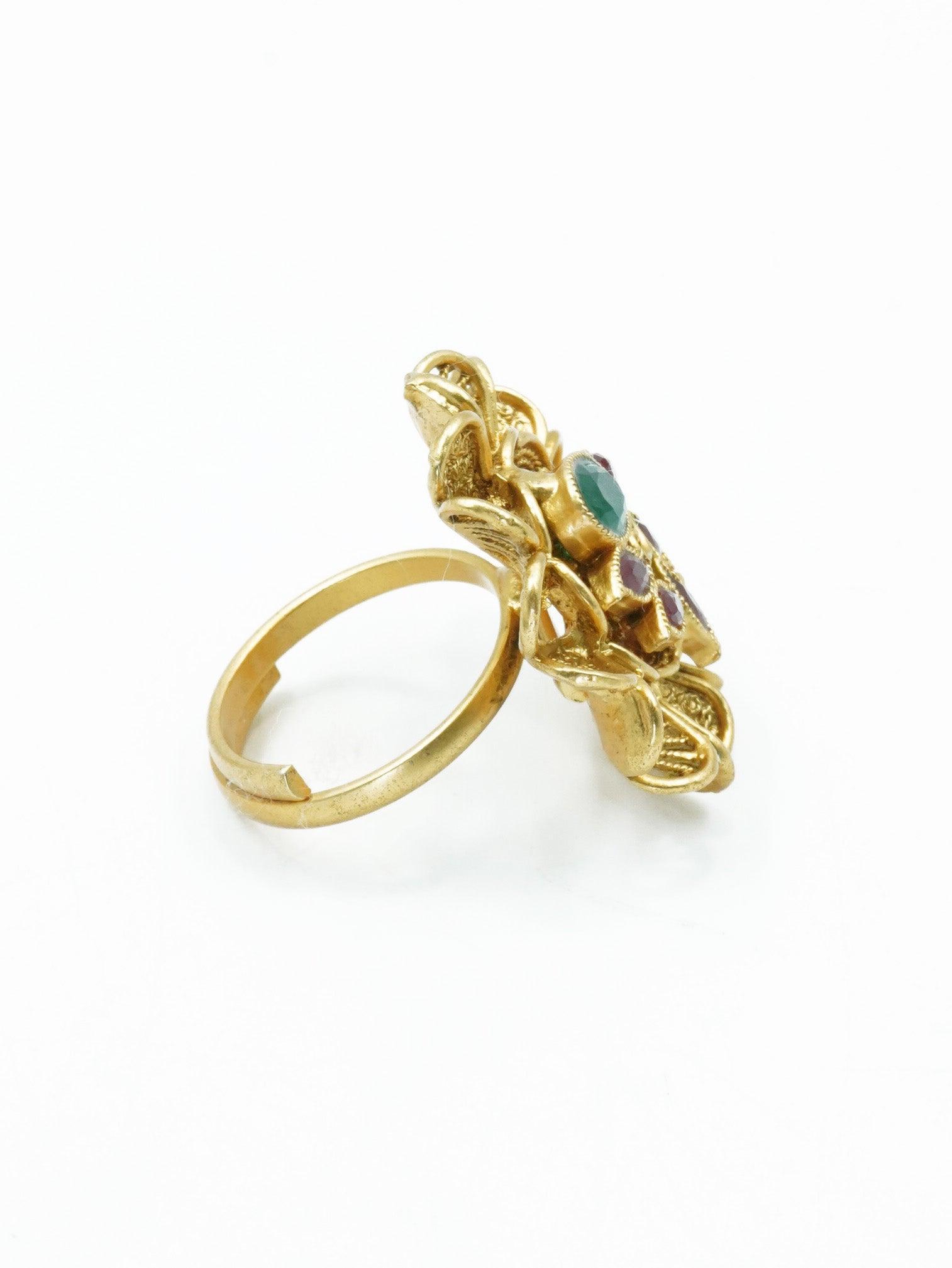 Antique Gold Plated Adjustable Size Designer Finger ring with Stones 11063N - Griiham