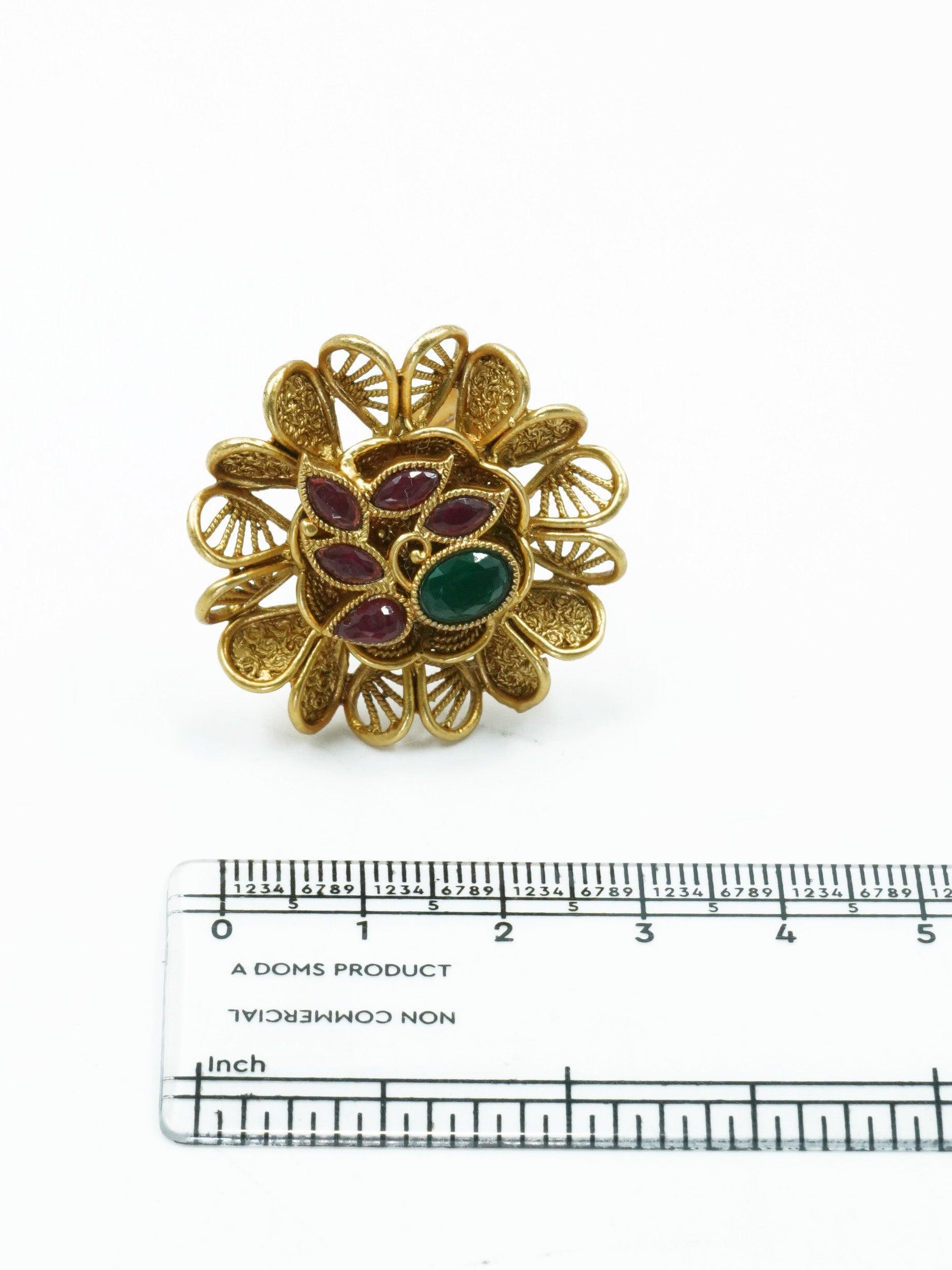 Antique Gold Plated Adjustable Size Designer Finger ring with Stones 11063N - Griiham