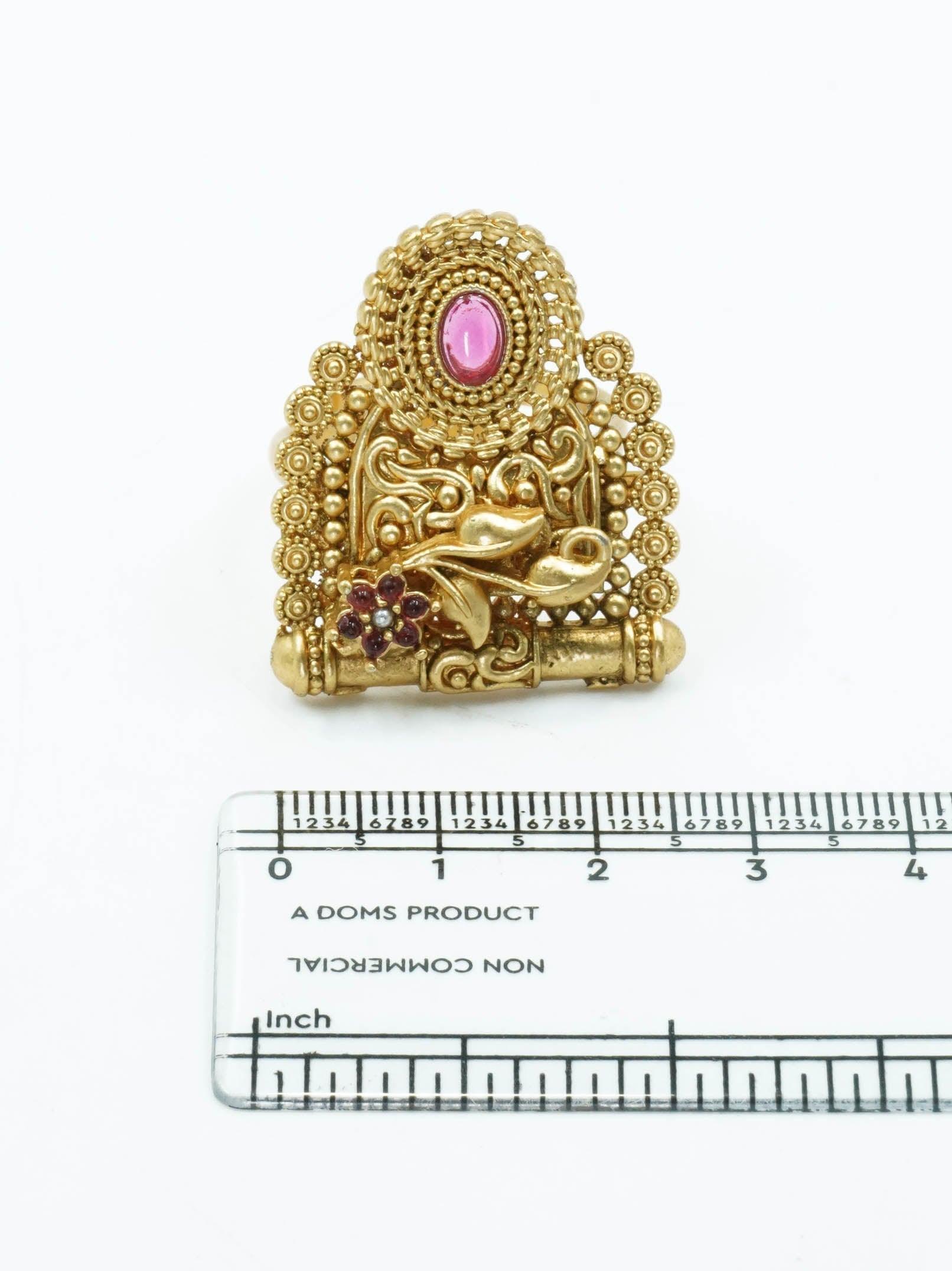 Antique Gold Plated Adjustable Size Designer Finger ring with Stones 11064N - Griiham