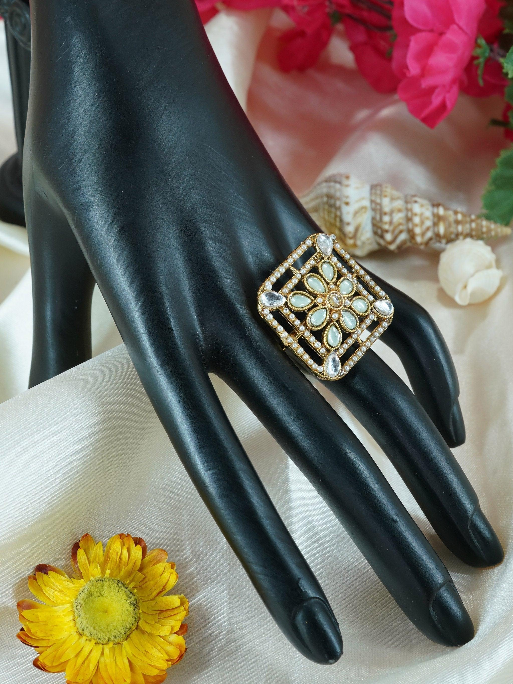 Antique Gold Plated Adjustable Size Designer Finger ring with Stones - Griiham