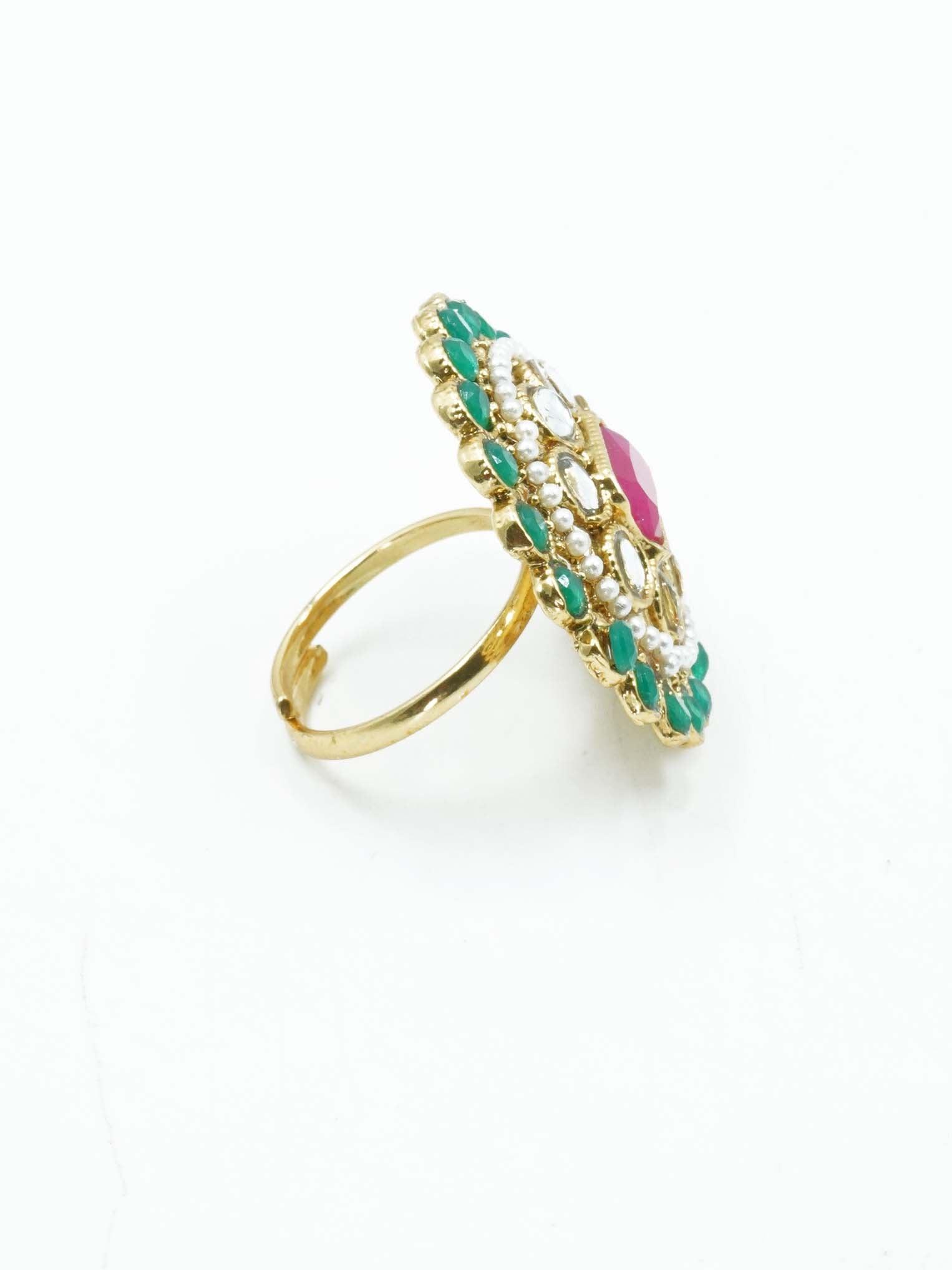 Antique Gold Plated Adjustable Size Designer Finger ring with Stones - Griiham