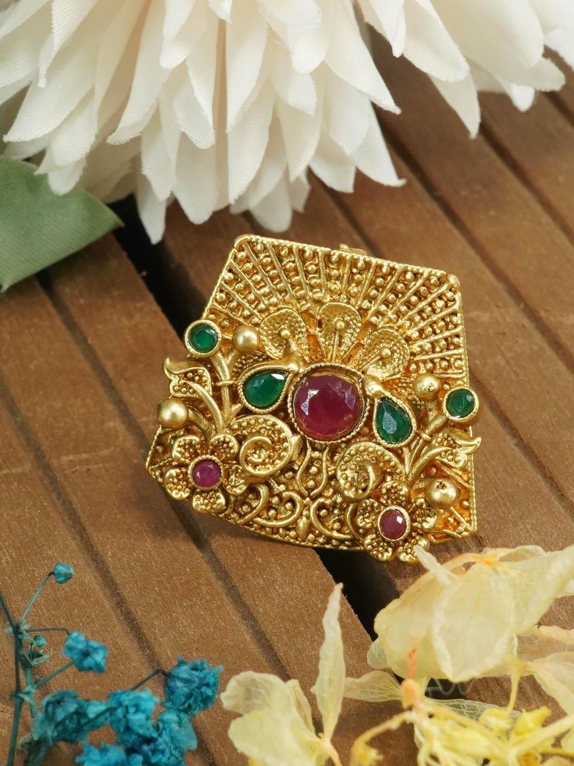 Antique Gold Plated Adjustable Size Designer Finger ring with Stones