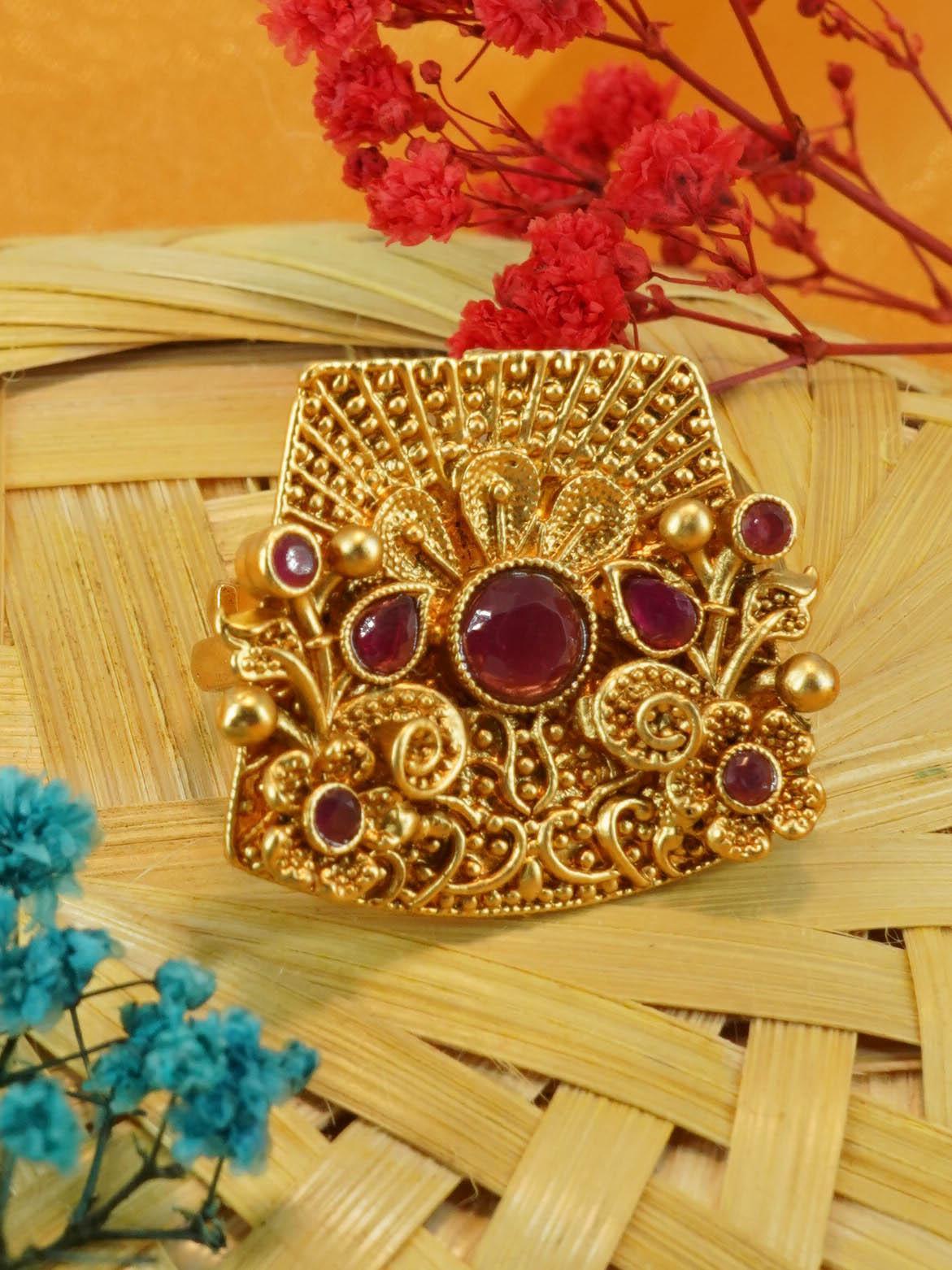 Antique Gold Plated Adjustable Size Designer Finger ring with Stones - Griiham