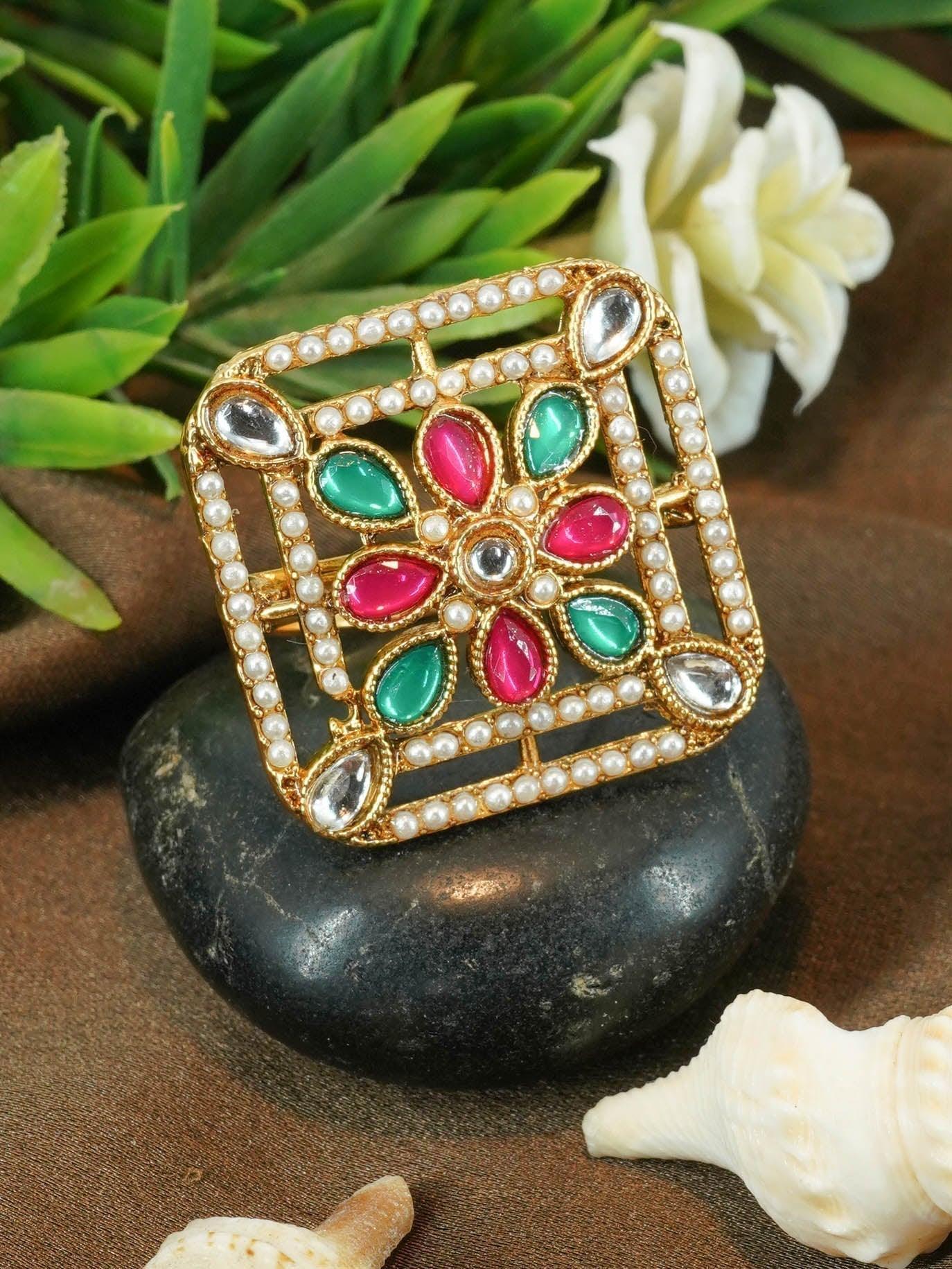 Antique Gold Plated Adjustable Size Designer Finger ring with Stones