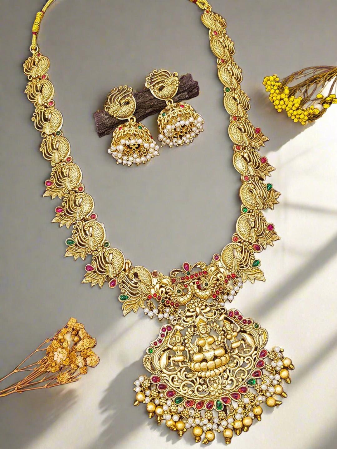Antique Gold Plated Laxmi Long Necklace Set