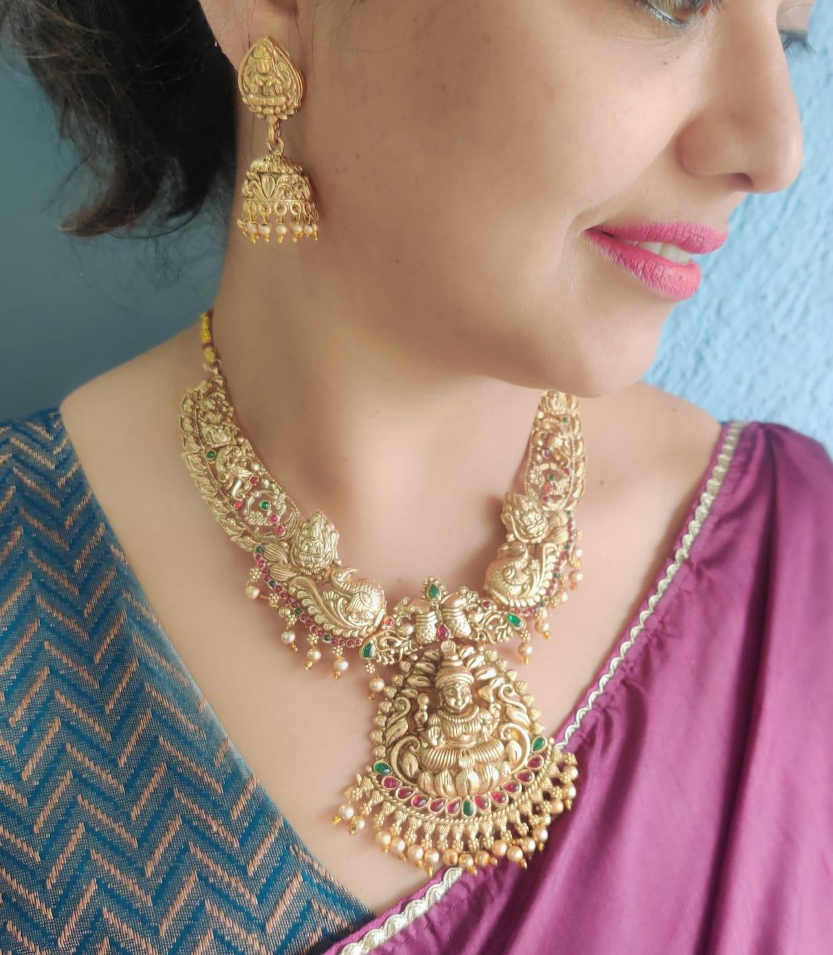 Antique Gold Plated Laxmi Medium Necklace Set - Griiham