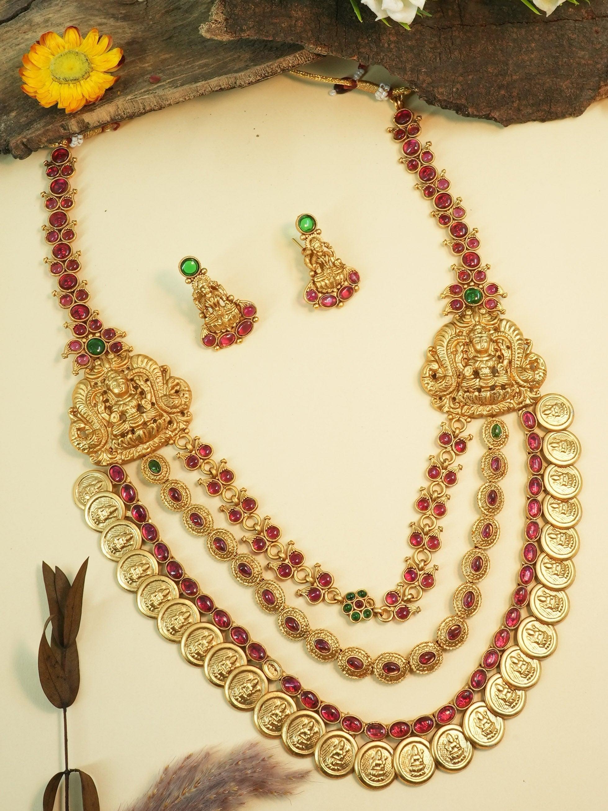 Antique Premium Gold Finish Laxmi pattern Long Necklace Set 10604N - Griiham