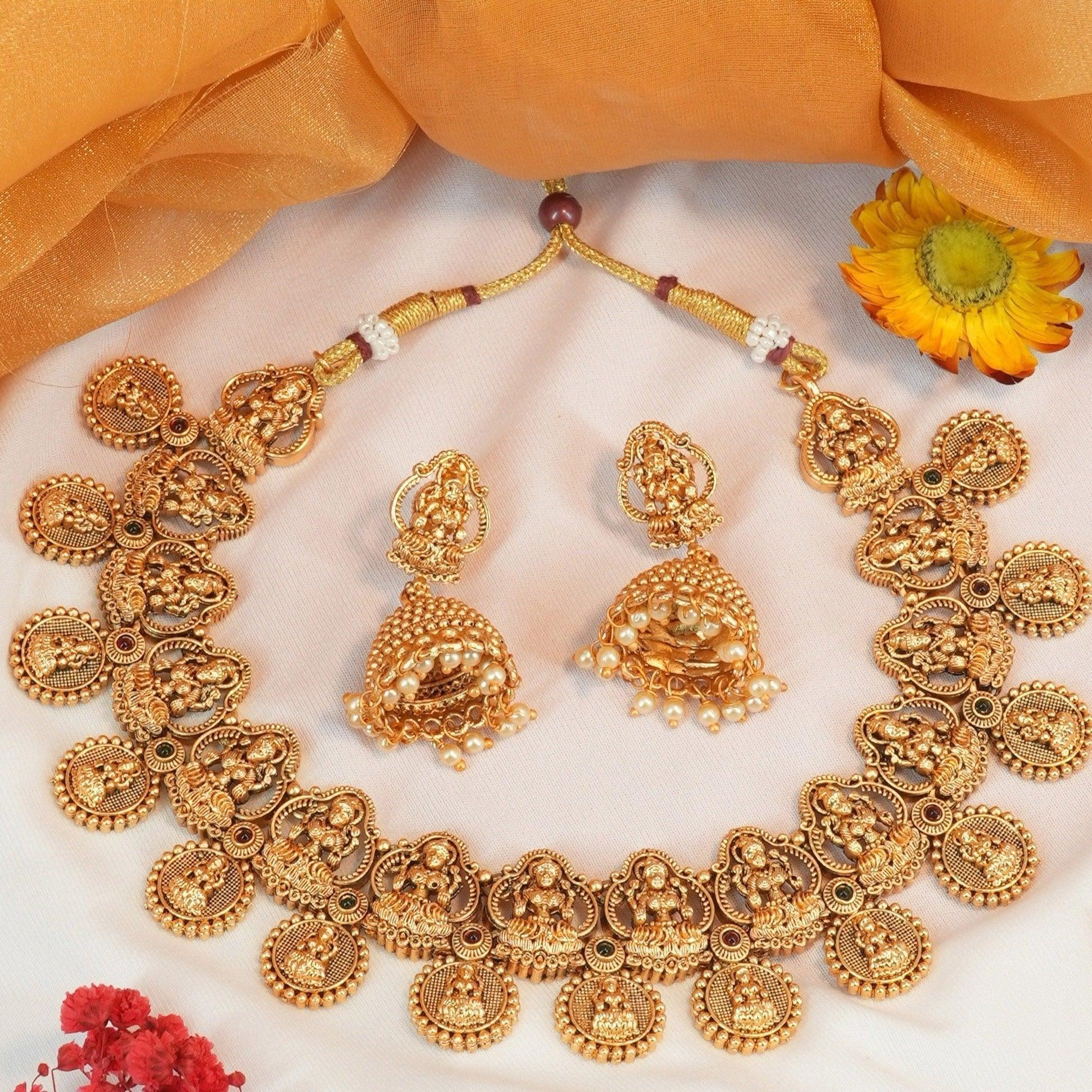 Antique Premium Gold Finish Laxmi pattern Necklace Set 11296N - Griiham