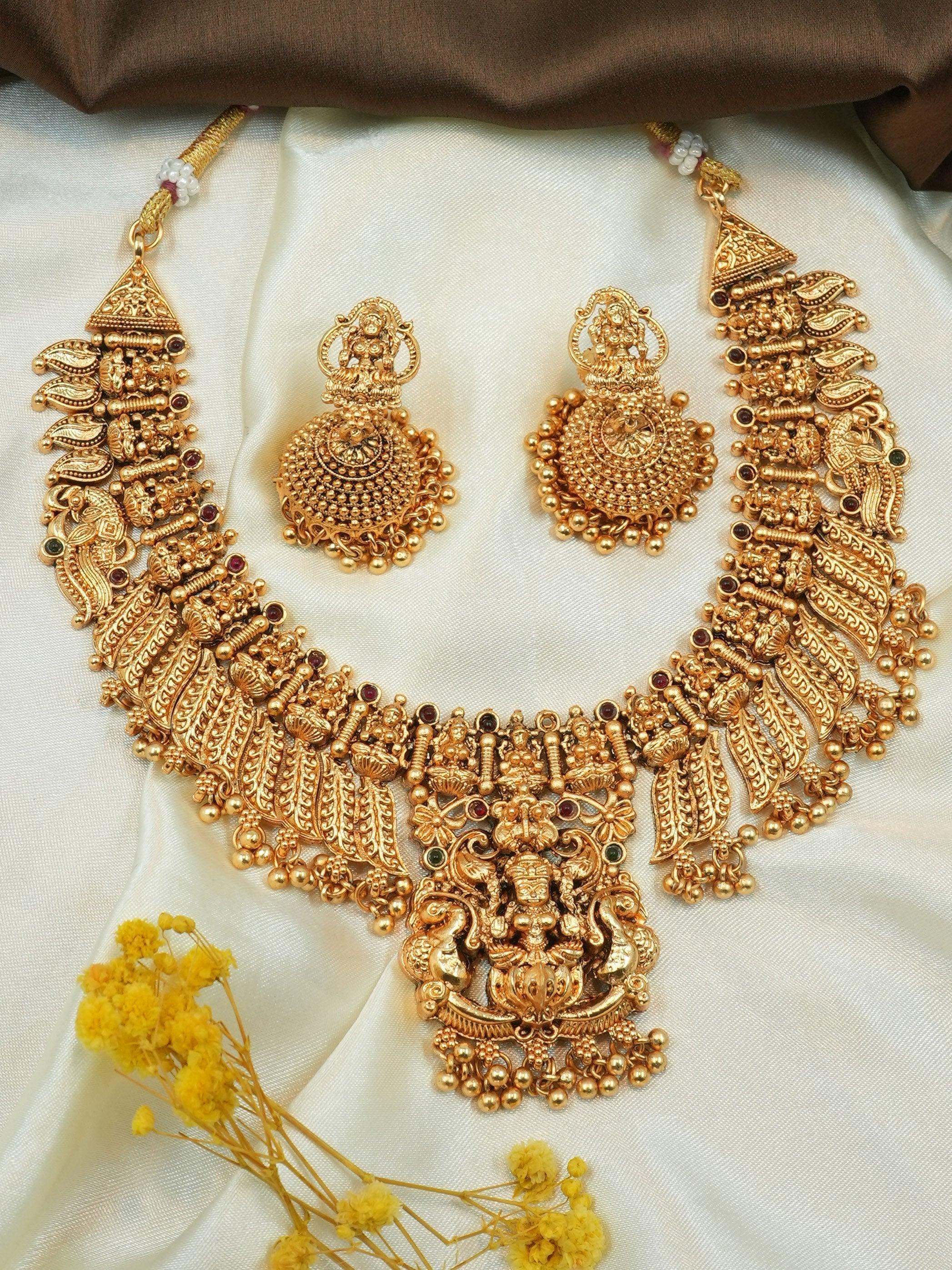 Antique Premium Gold Finish Laxmi pattern Necklace Set 11302N - Griiham