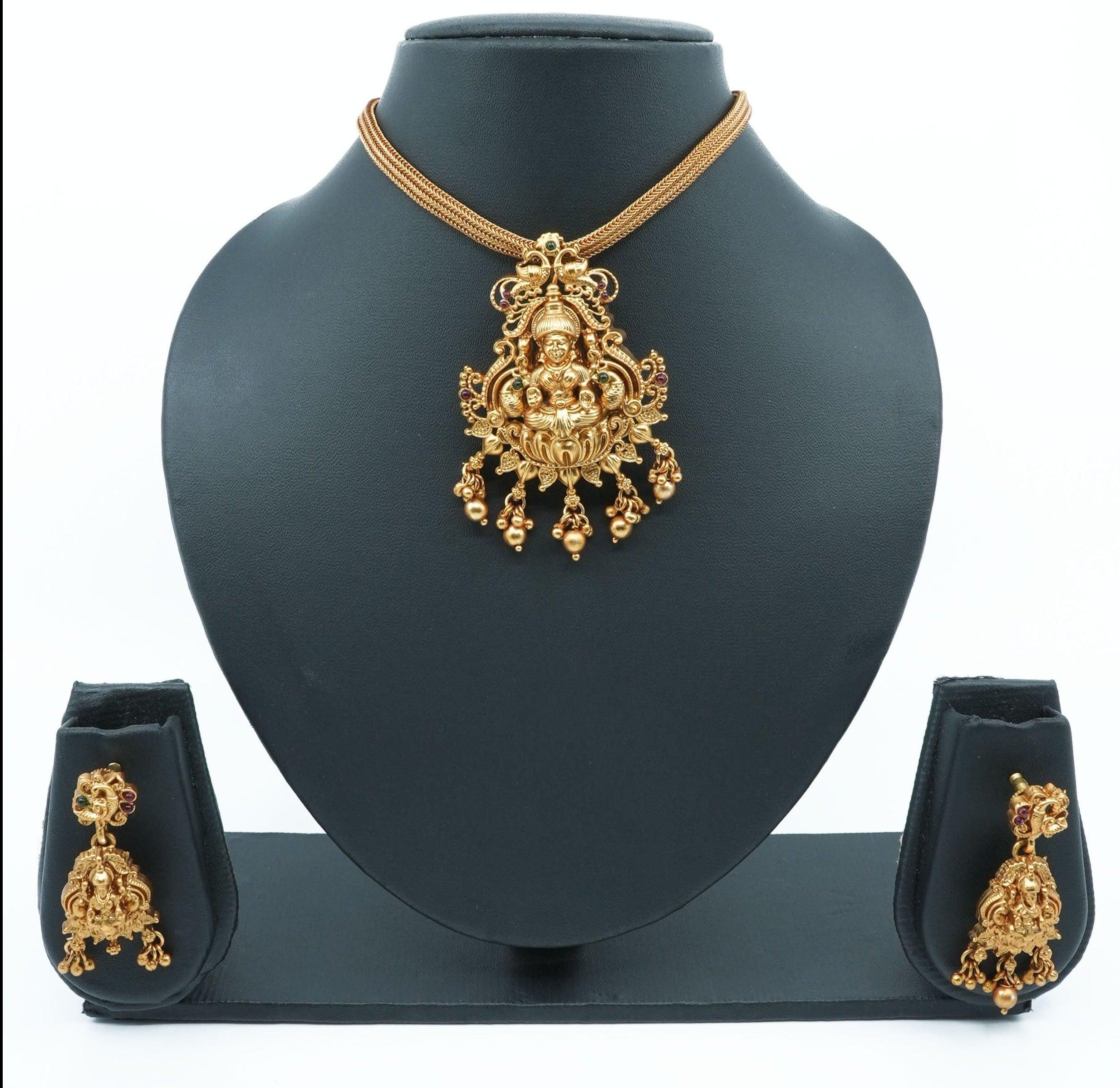 Antique Premium Gold Finish Laxmi pattern Necklace Set 11556N - Griiham