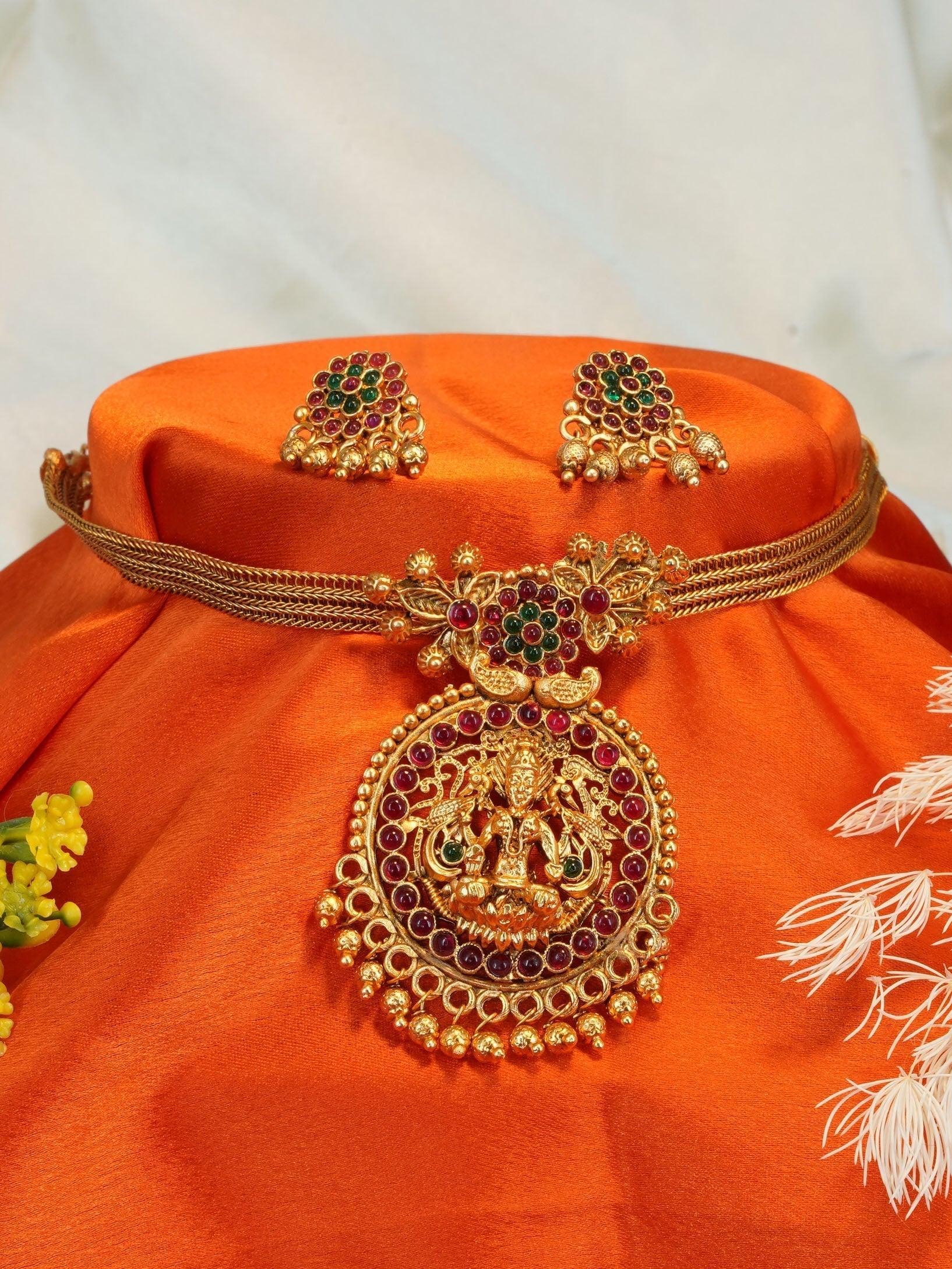 Antique Premium Gold Finish Laxmi pattern Necklace Set 11576N - Griiham