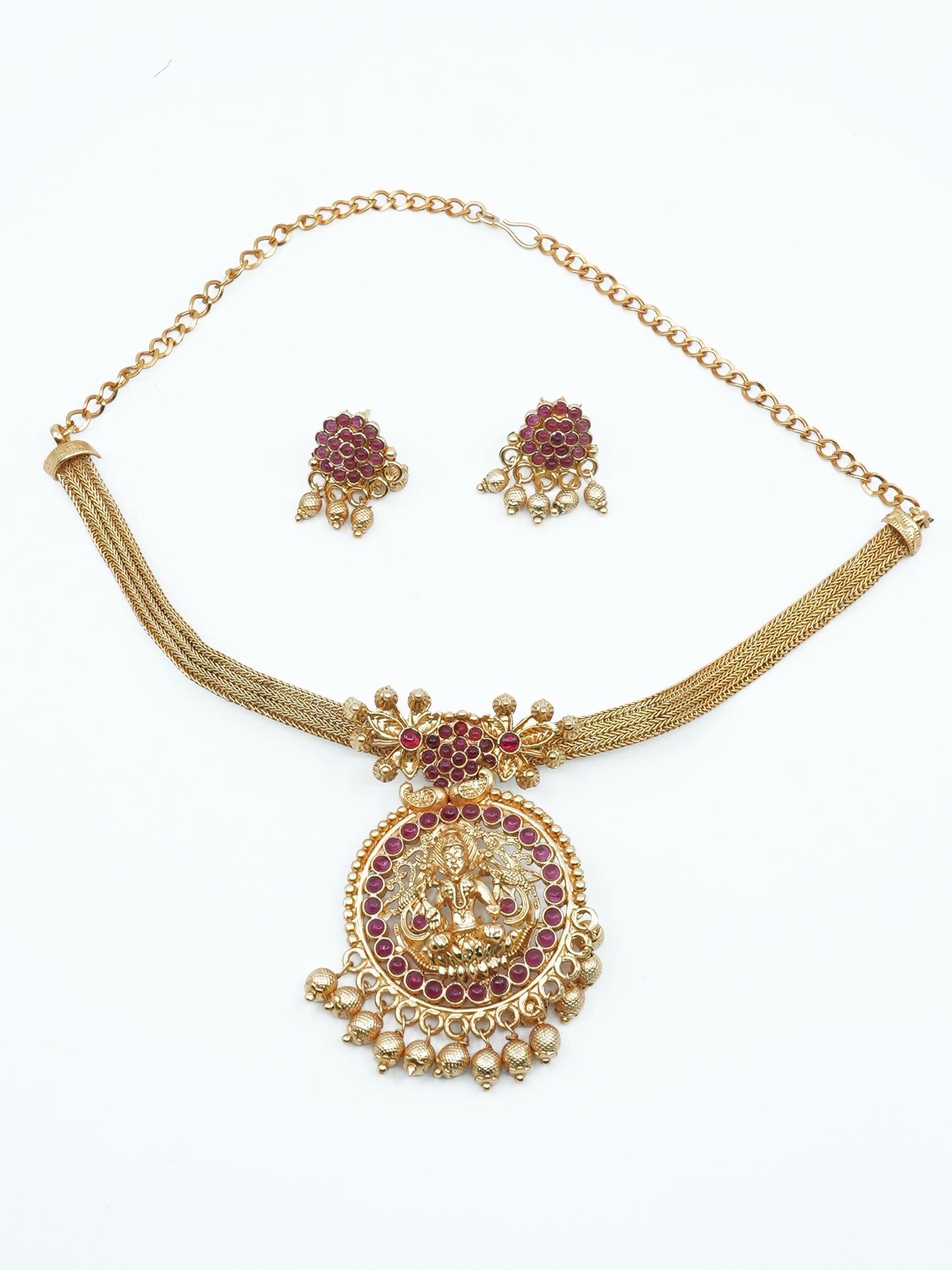 Antique Premium Gold Finish Laxmi pattern Necklace Set 11576N - Griiham