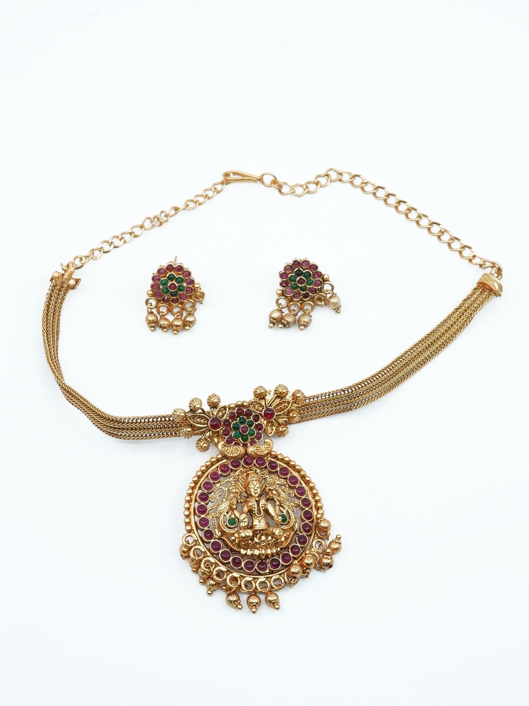 Antique Premium Gold Finish Laxmi pattern Necklace Set 11576N - Griiham