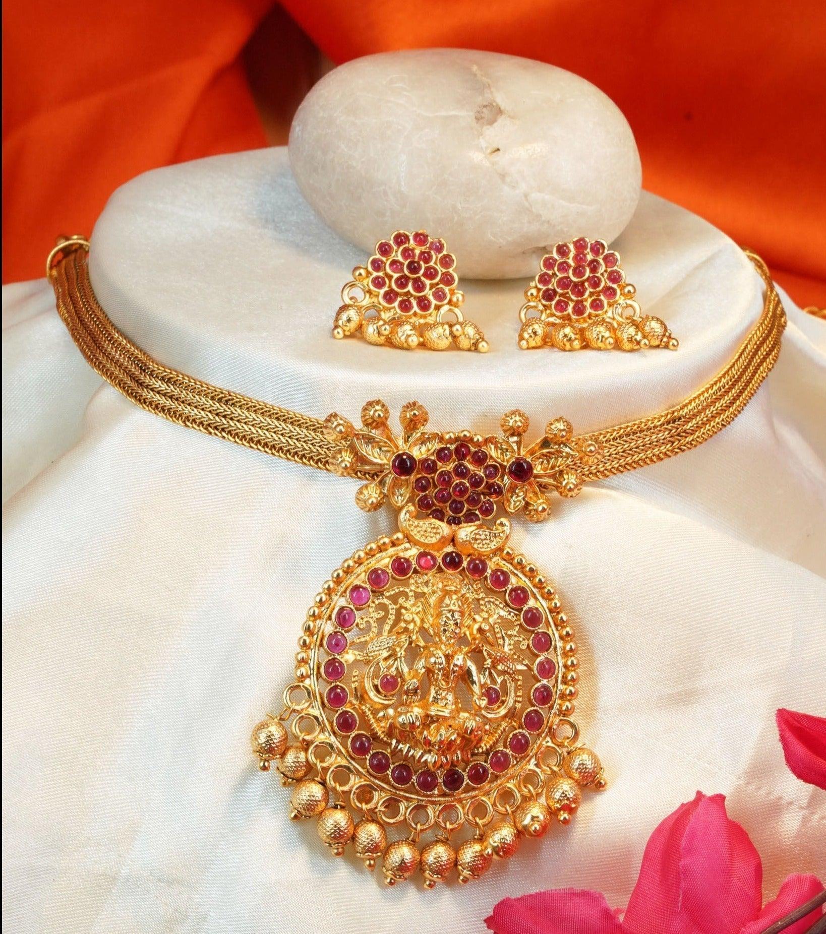 Antique Premium Gold Finish Laxmi pattern Necklace Set 11576N - Griiham