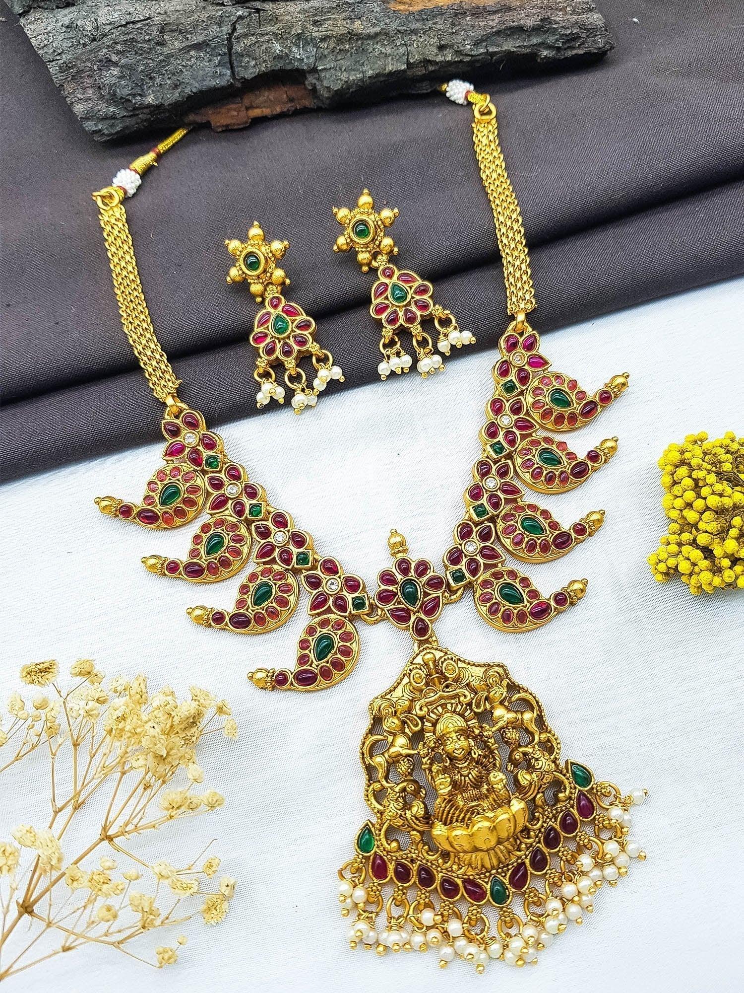 Antique Premium Gold Finish Laxmi pattern Necklace Set - Griiham