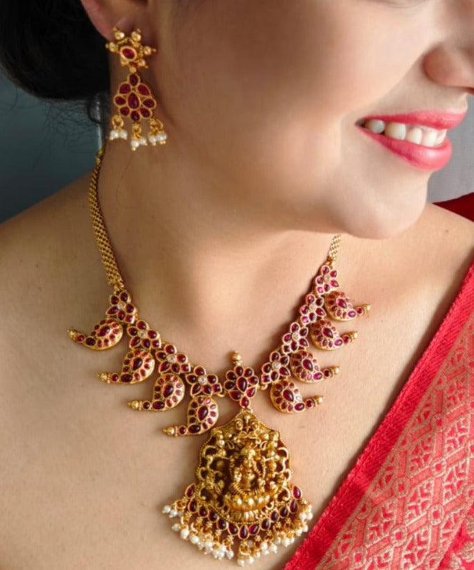 Antique Premium Gold Finish Laxmi pattern Necklace Set - Griiham