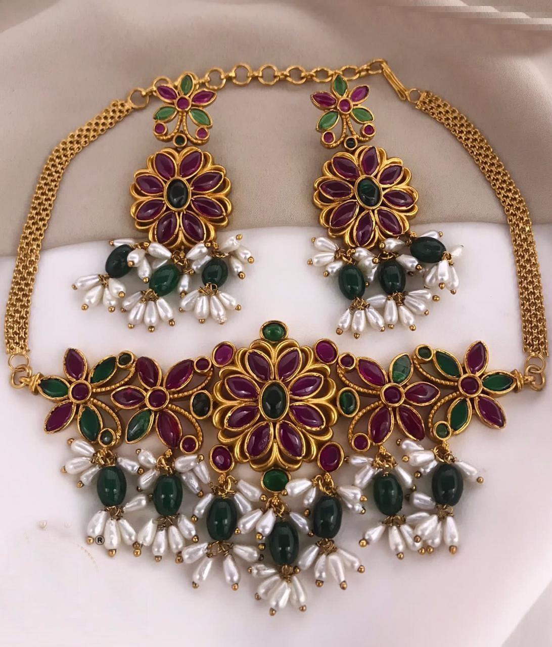 Antique finish Jadau replica premium quality kempu necklace set