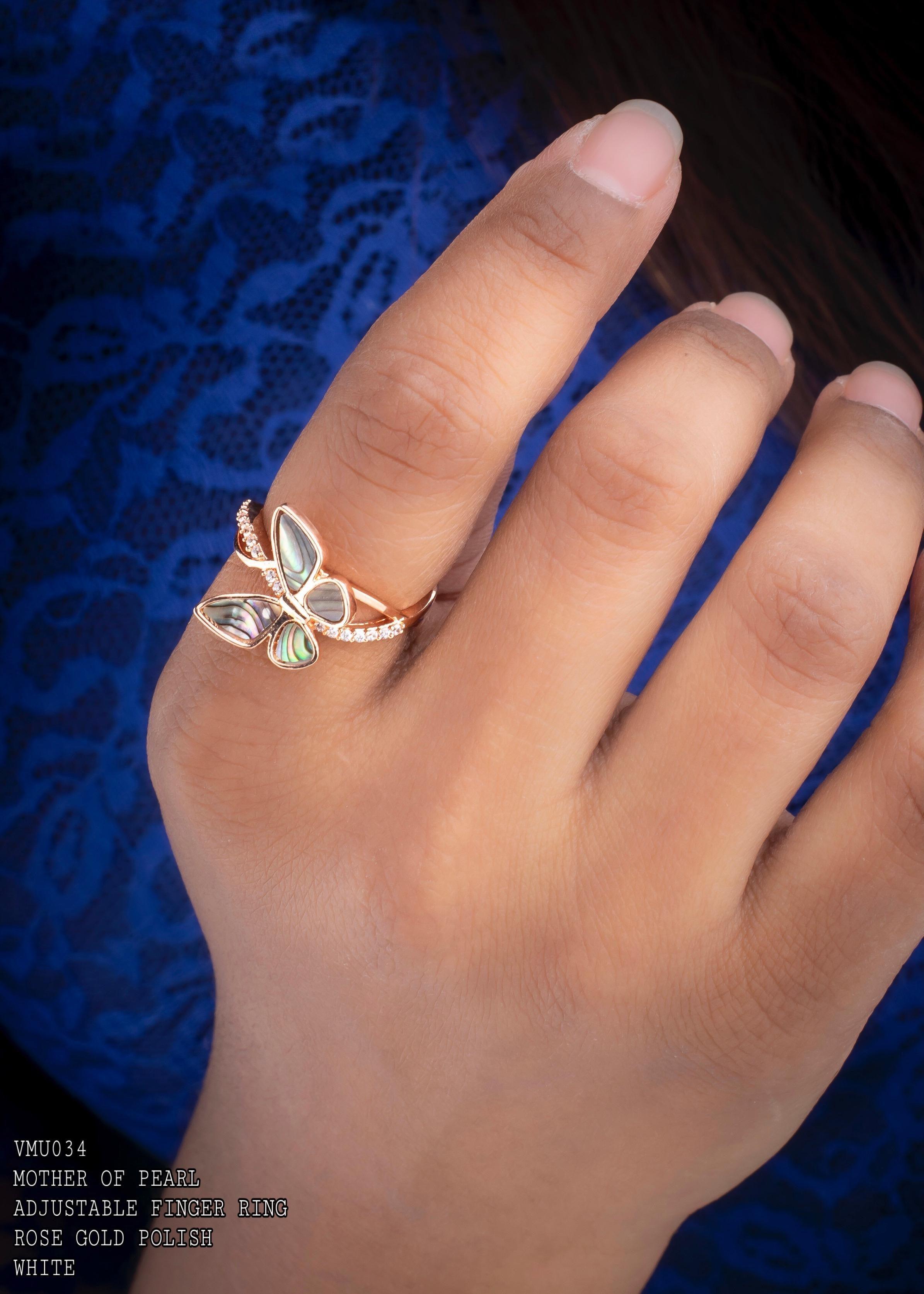 Butterfly Mother Of Pearl Cubic Zirconia Gold Plated Adjustable Ring