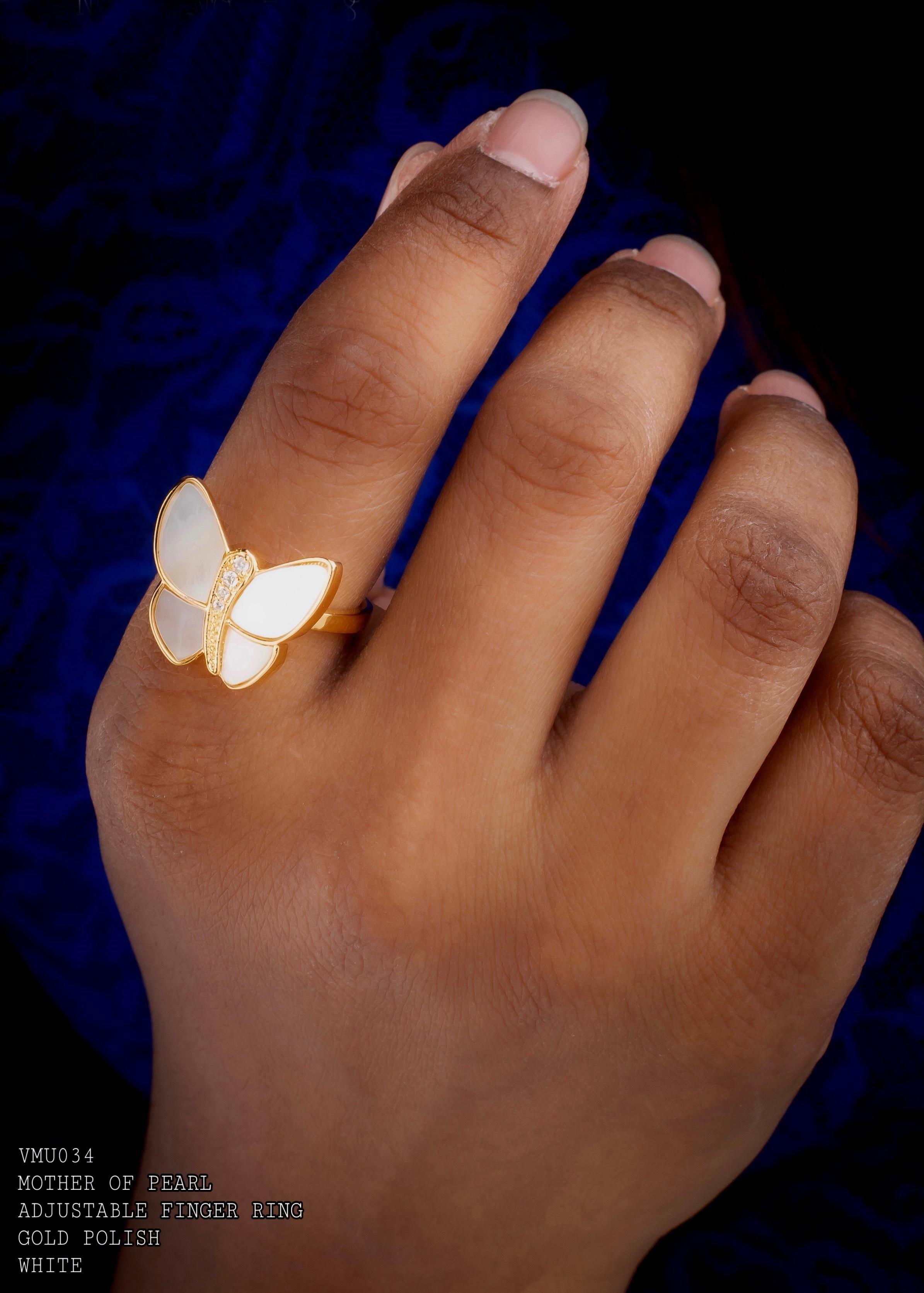 Butterfly Mother Of Pearl Cubic Zirconia Gold Plated Adjustable Ring