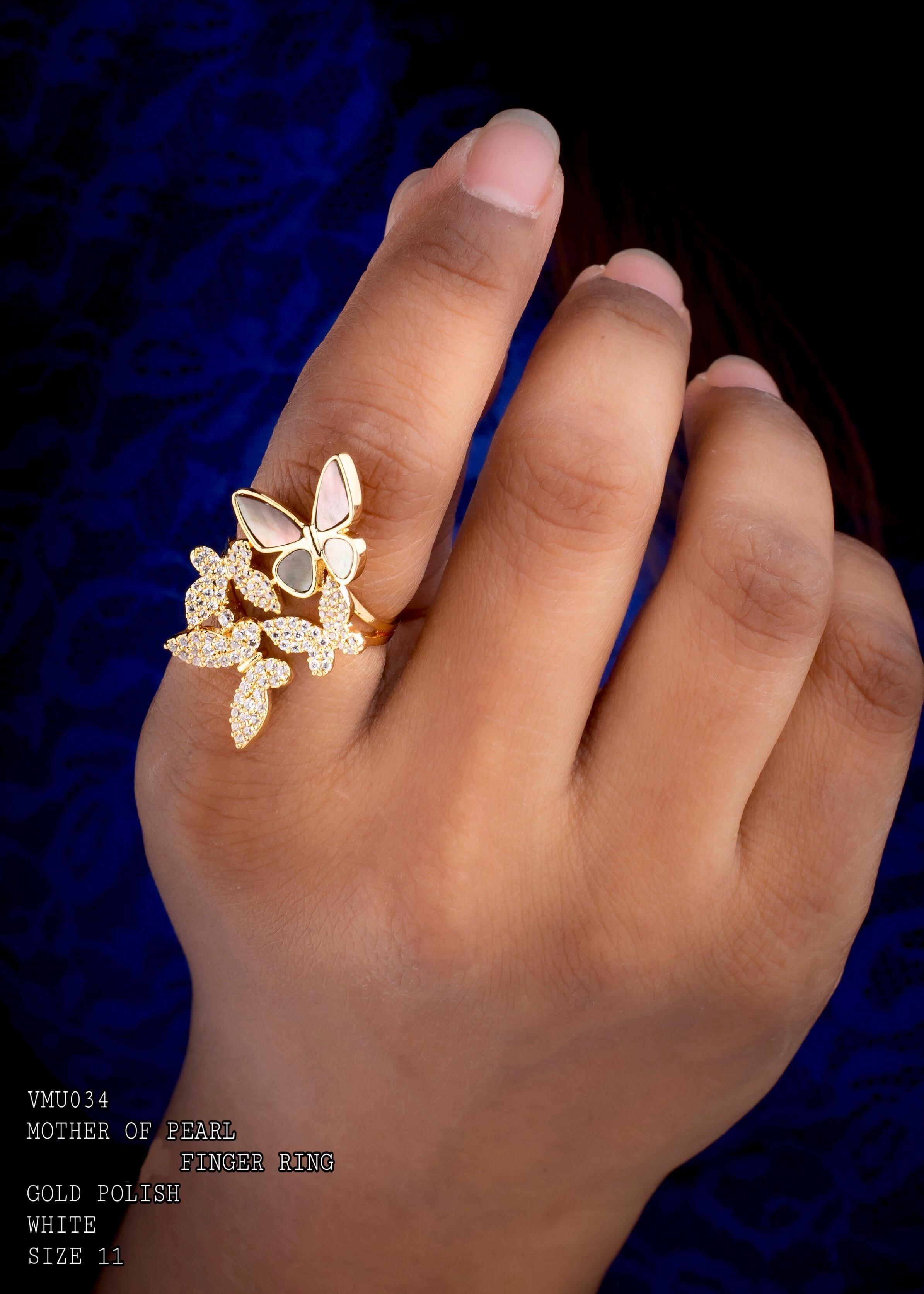 Butterfly Mother Of Pearl Cubic Zirconia Gold Plated Adjustable Ring