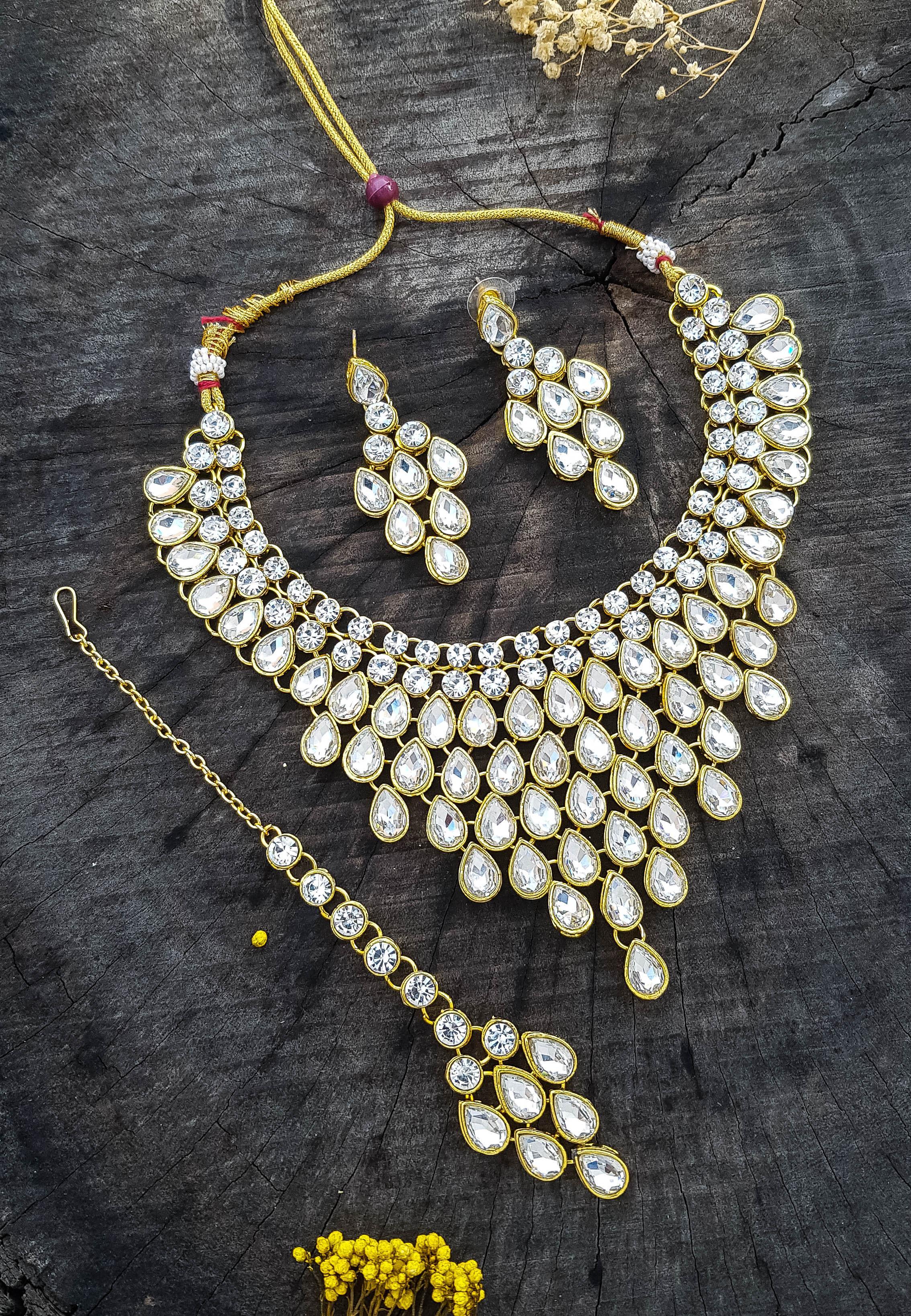 Classic Mirror Stone Necklace set with Tikka