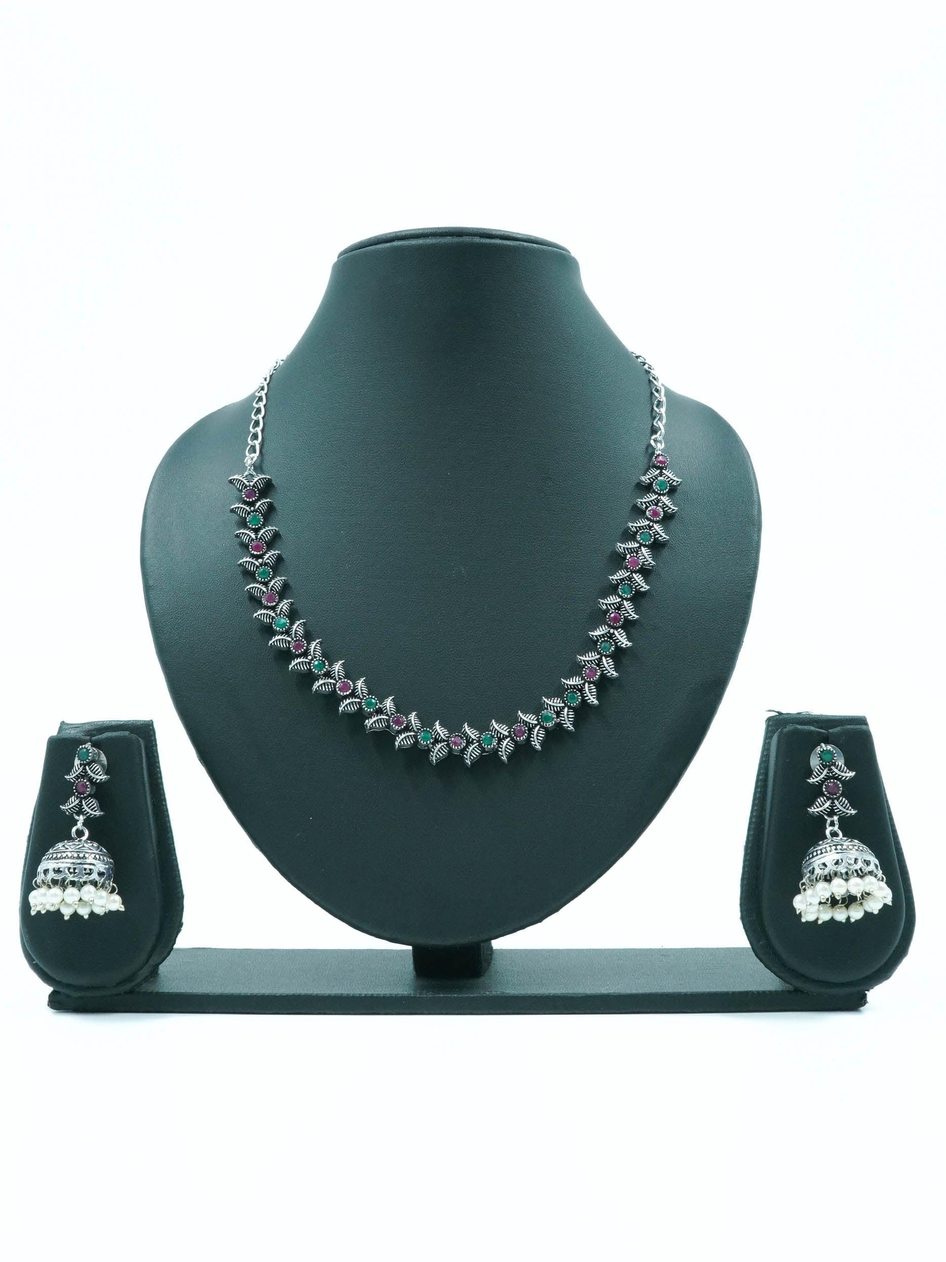 Classy Oxidised Necklace Set with Colour Options 11931N - Griiham