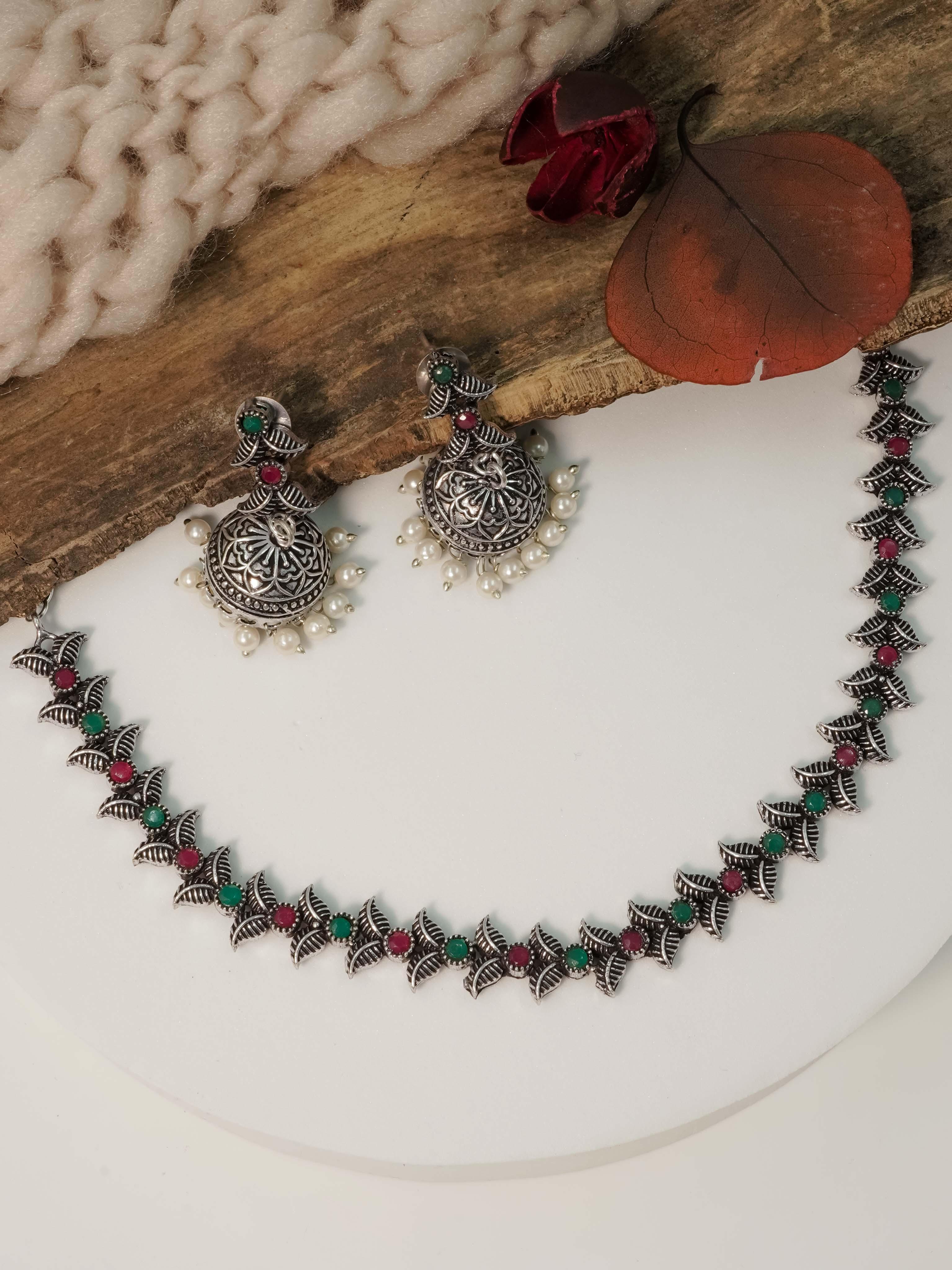 Classy Oxidised Necklace Set with Colour Options 11931N - Griiham
