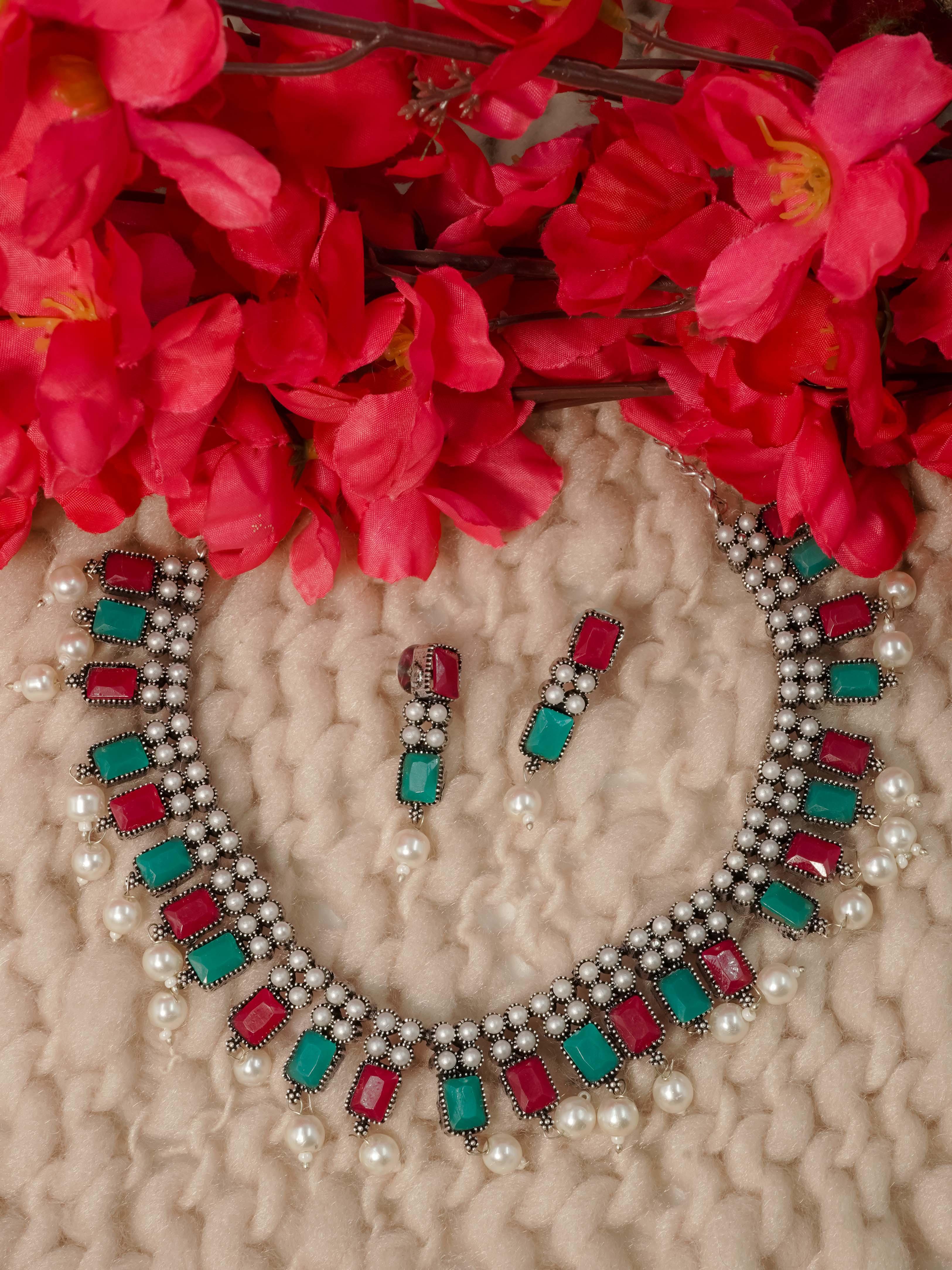 Classy Oxidised Necklace Set with pearls and with different colour stones Options 11937N - Griiham