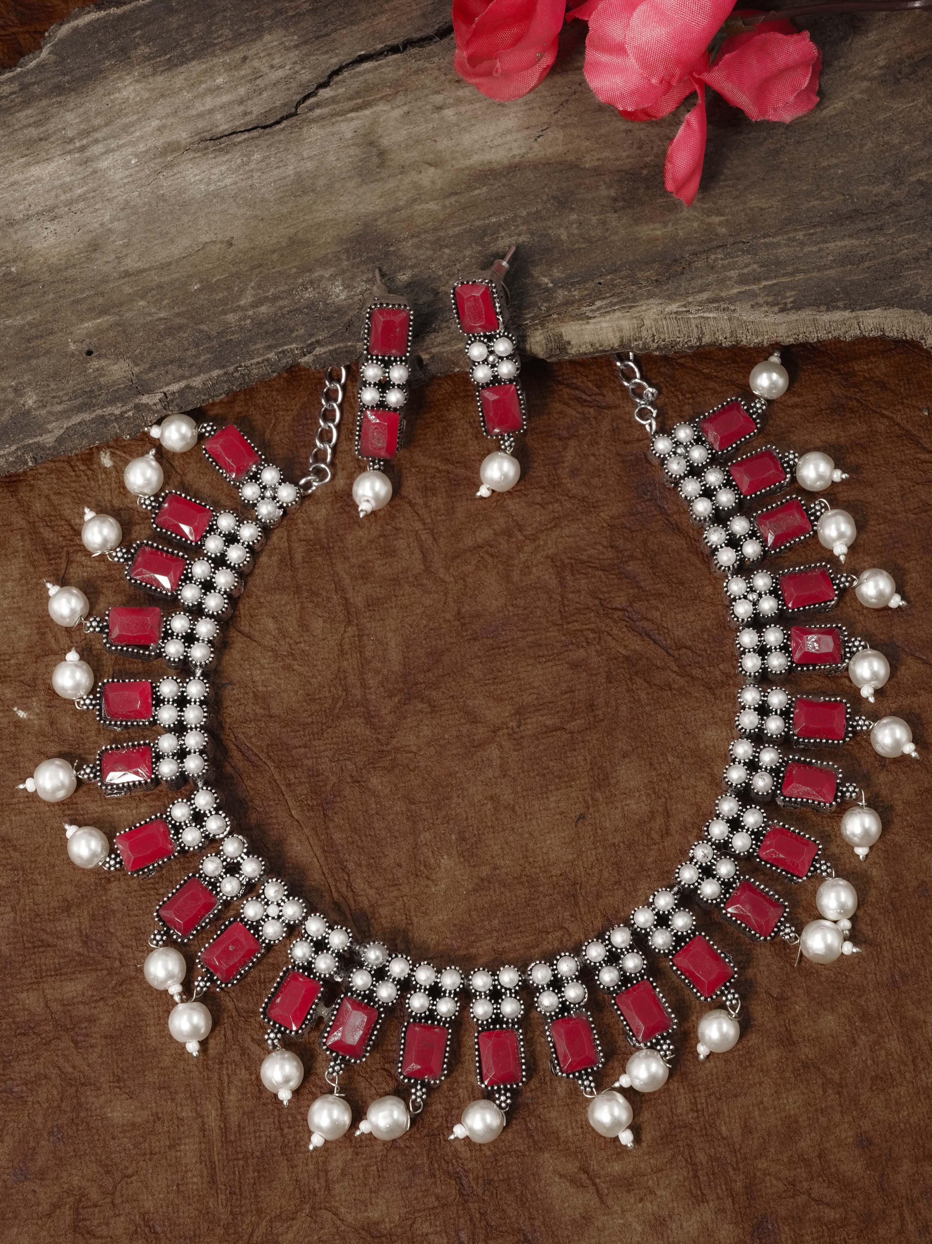 Classy Oxidised Necklace Set with pearls and with different colour stones Options 11937N - Griiham