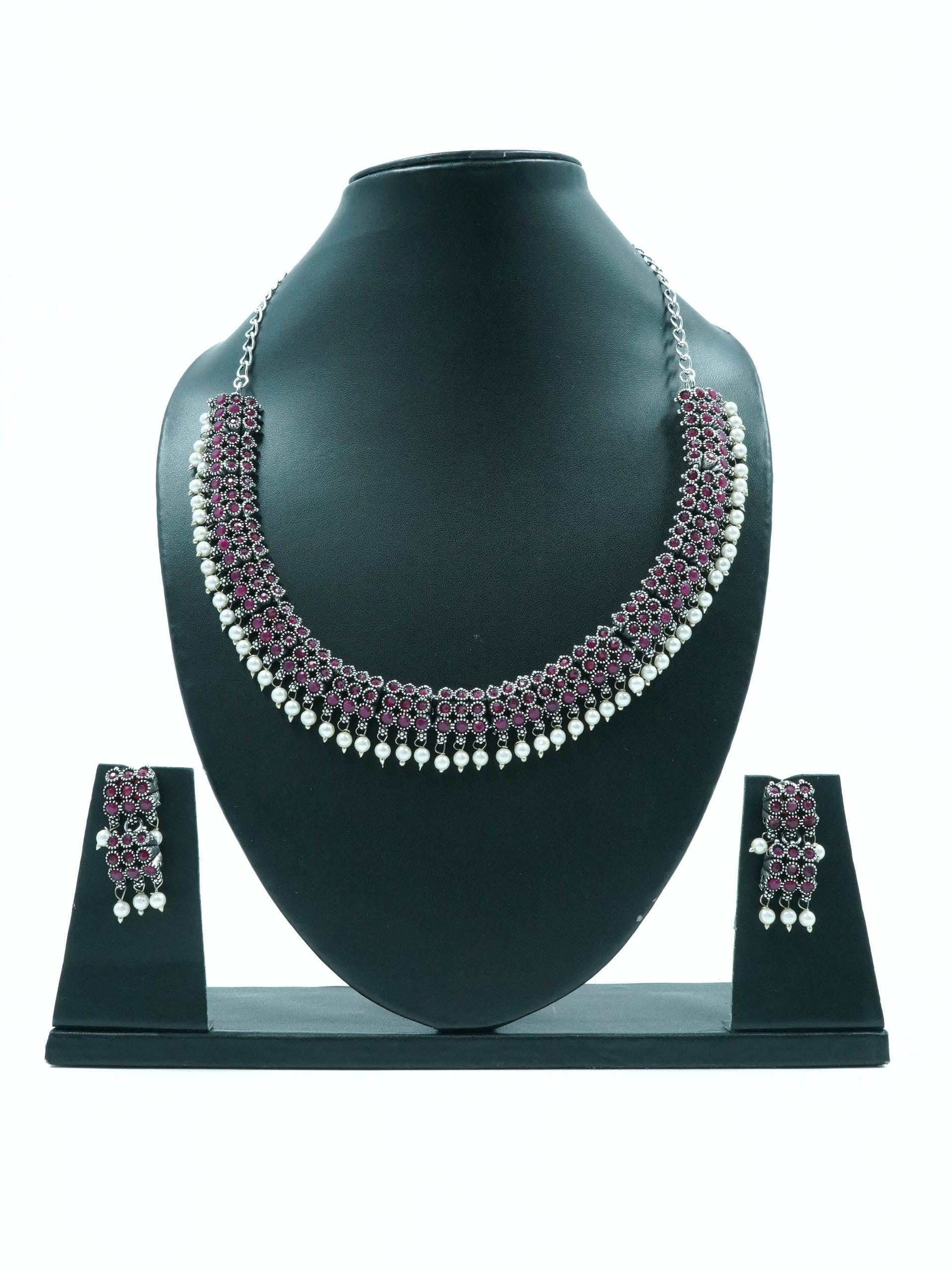 Classy Oxidised Necklace Set with pearls and with different colour stones Options 11953N - Griiham