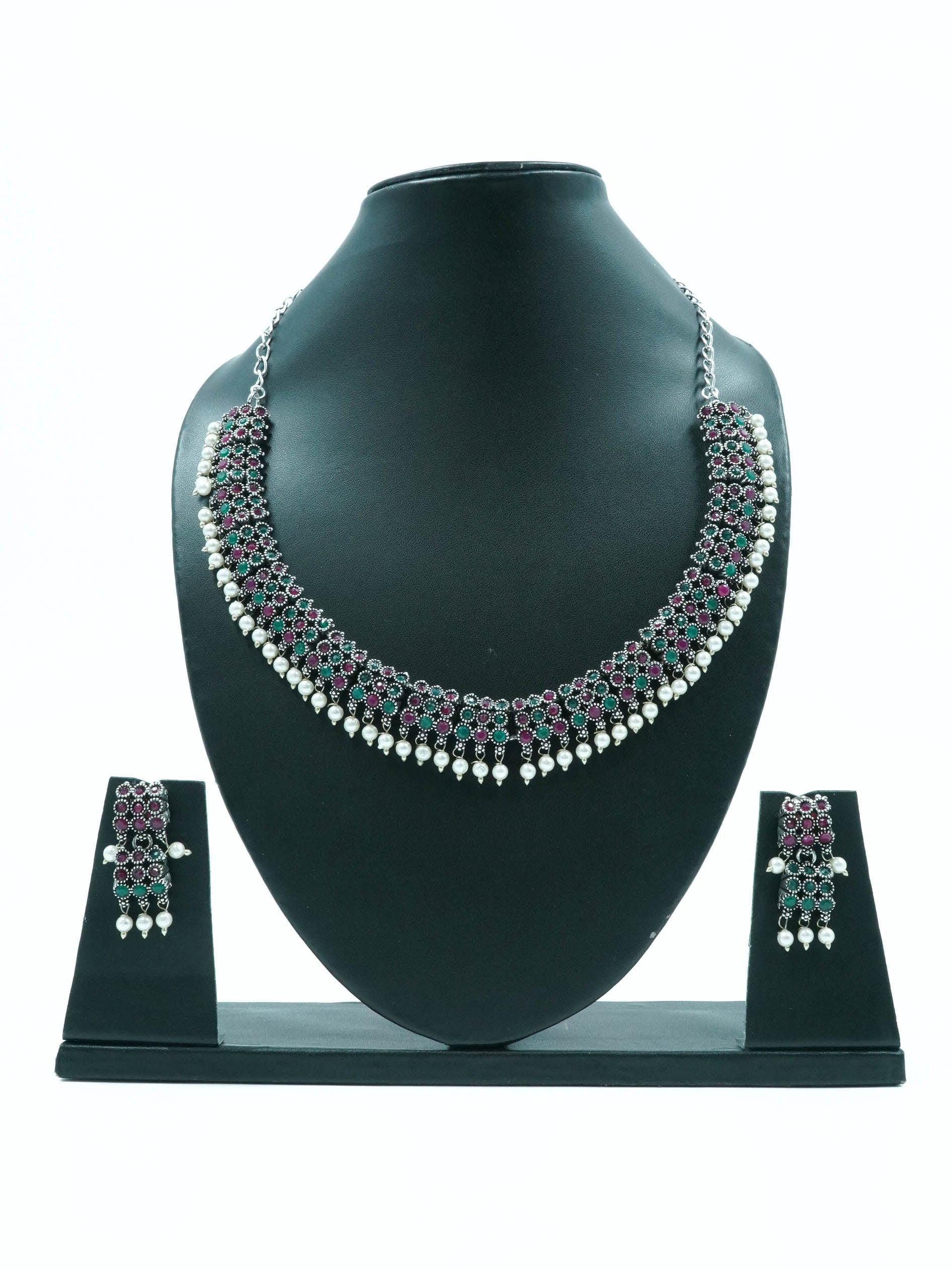 Classy Oxidised Necklace Set with pearls and with different colour stones Options 11953N - Griiham