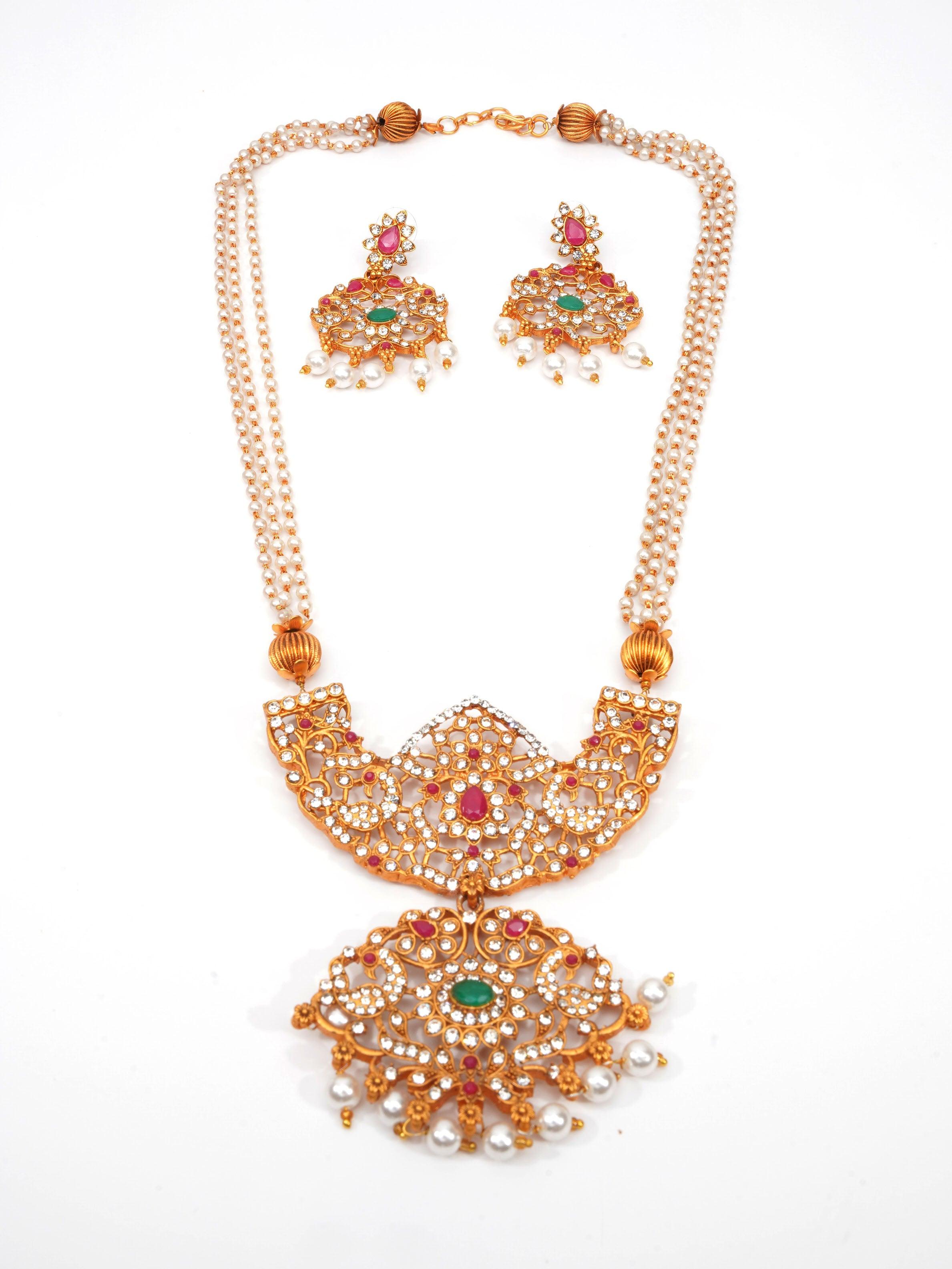 Gold Plated Classic design with pearl string mala Necklace set