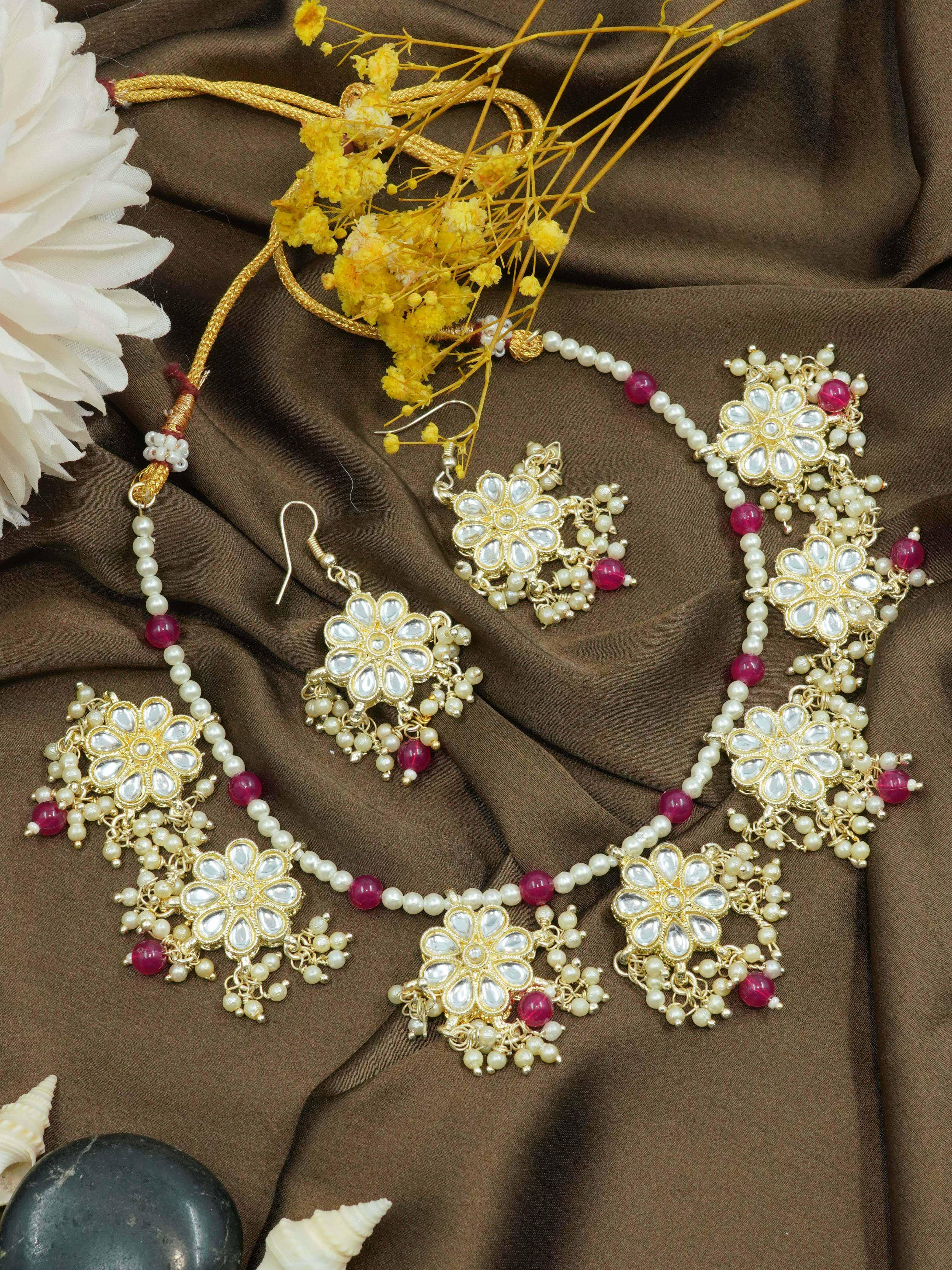 Pearl string Gold Plated kundan stone necklace set