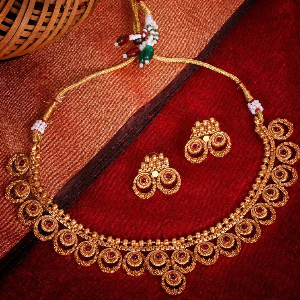 Delicate Gold finish Floral Short necklace set with colored kempu stones 8993n - Griiham