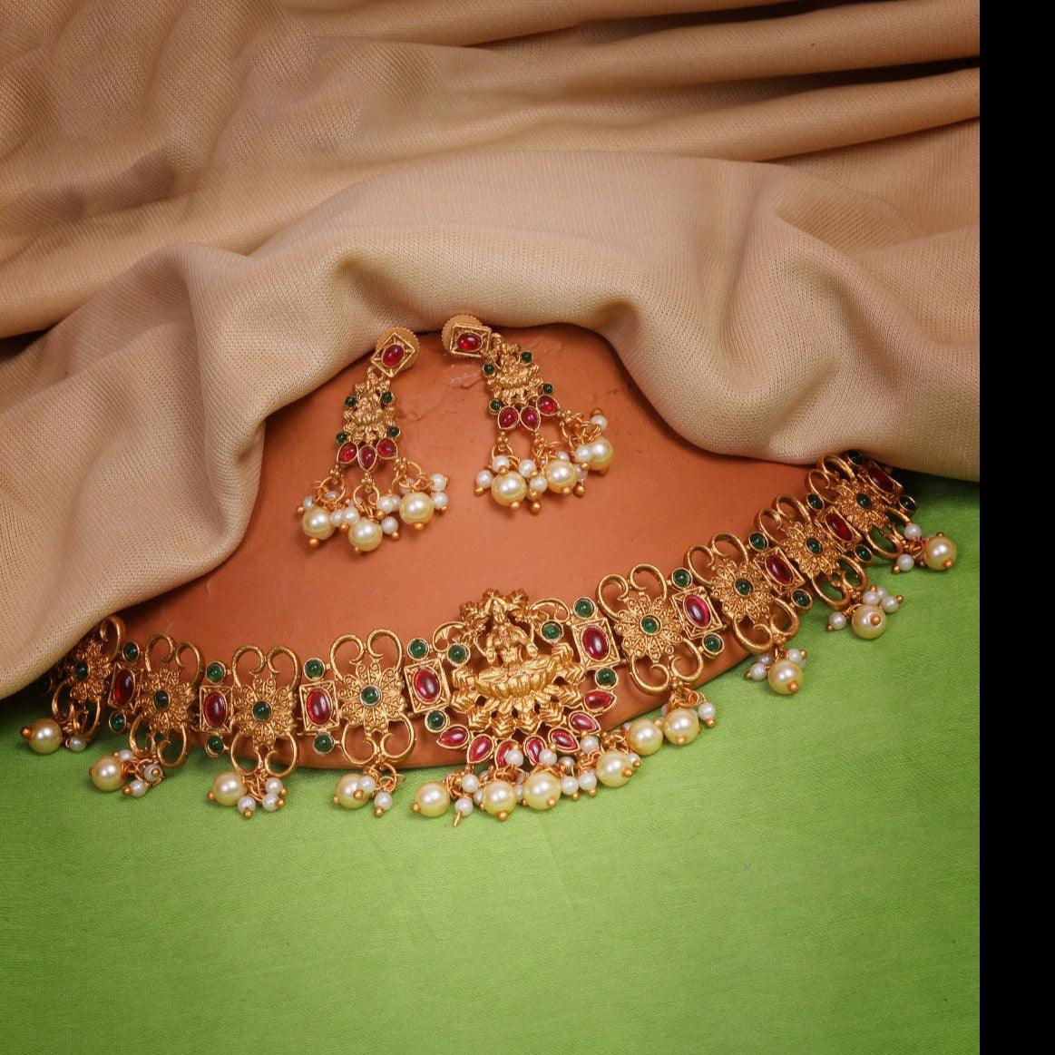 Designer Laxmi Choker with Multicolor stones 8984N - Griiham