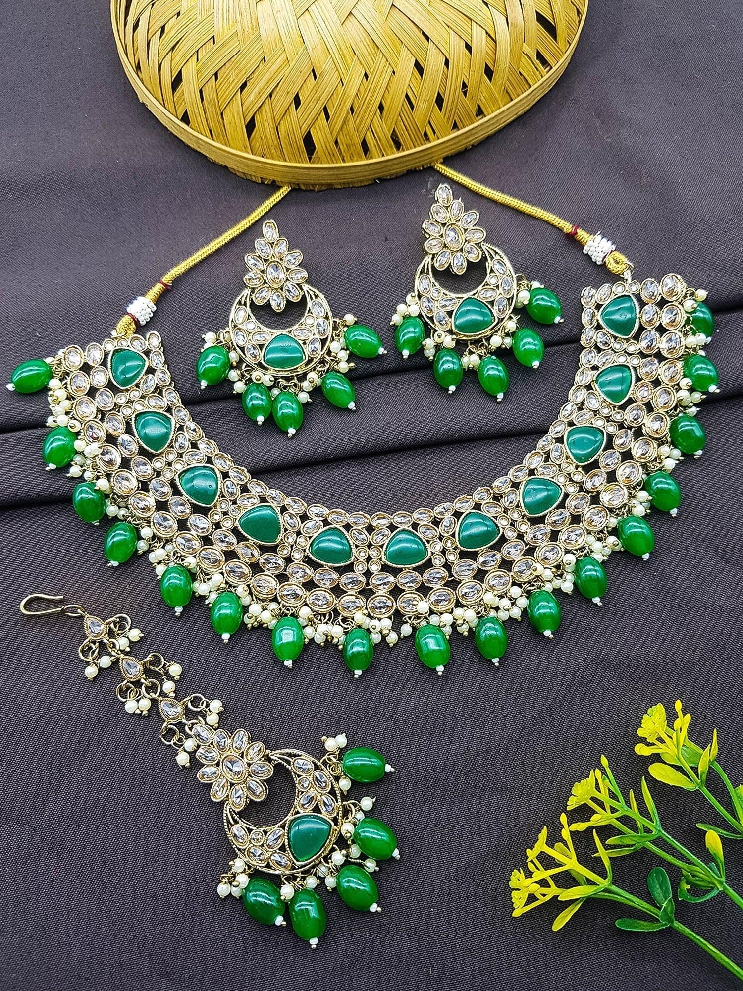 Designer Monalisa colored stones Necklace set with tikka