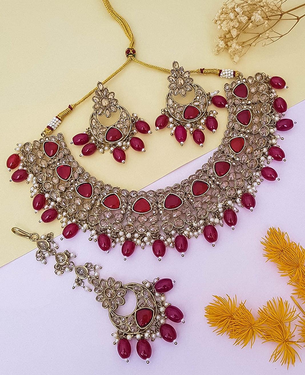 Designer Monalisa colored stones Necklace set with tikka - Griiham